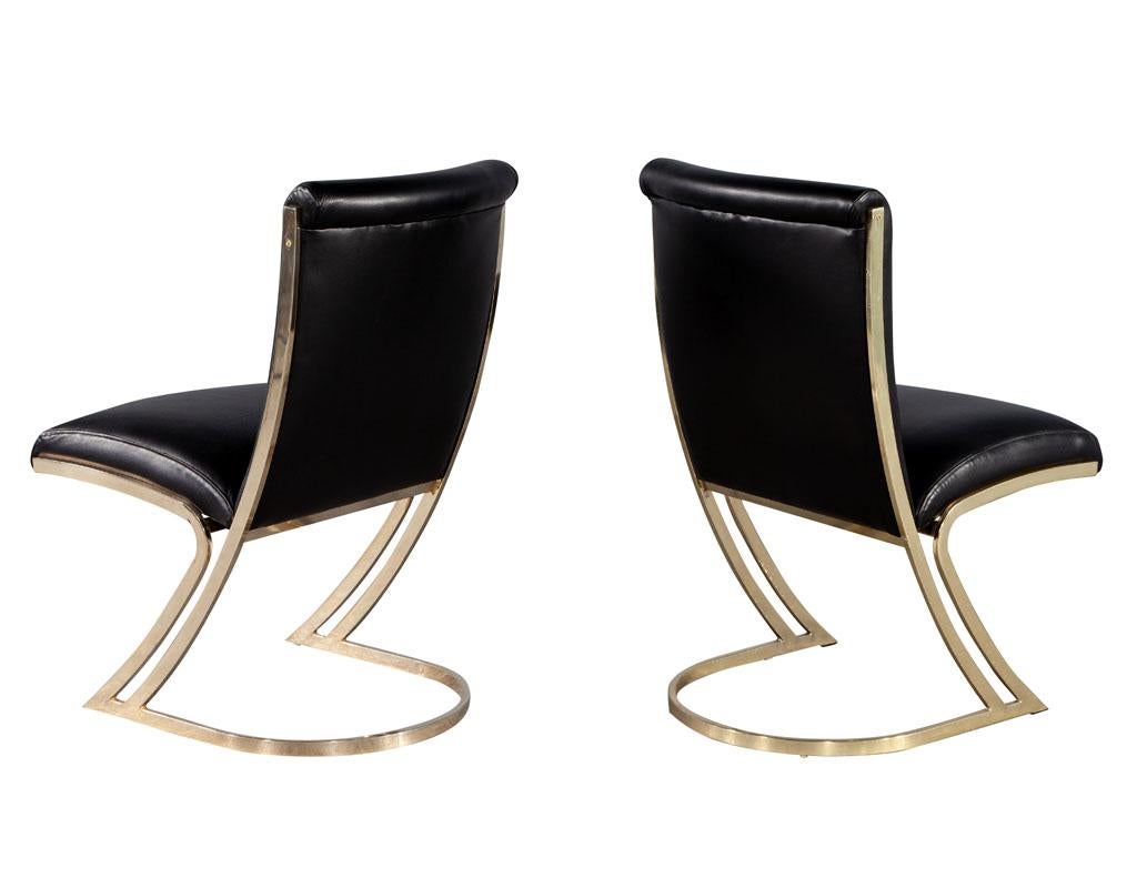 Late 20th Century Set of 10 Mid-Century Modern Brass Dining Chairs in Black Leather