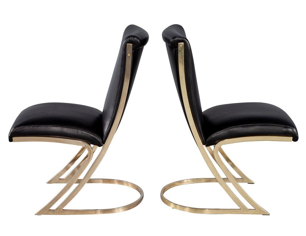 Metal Set of 10 Mid-Century Modern Brass Dining Chairs in Black Leather