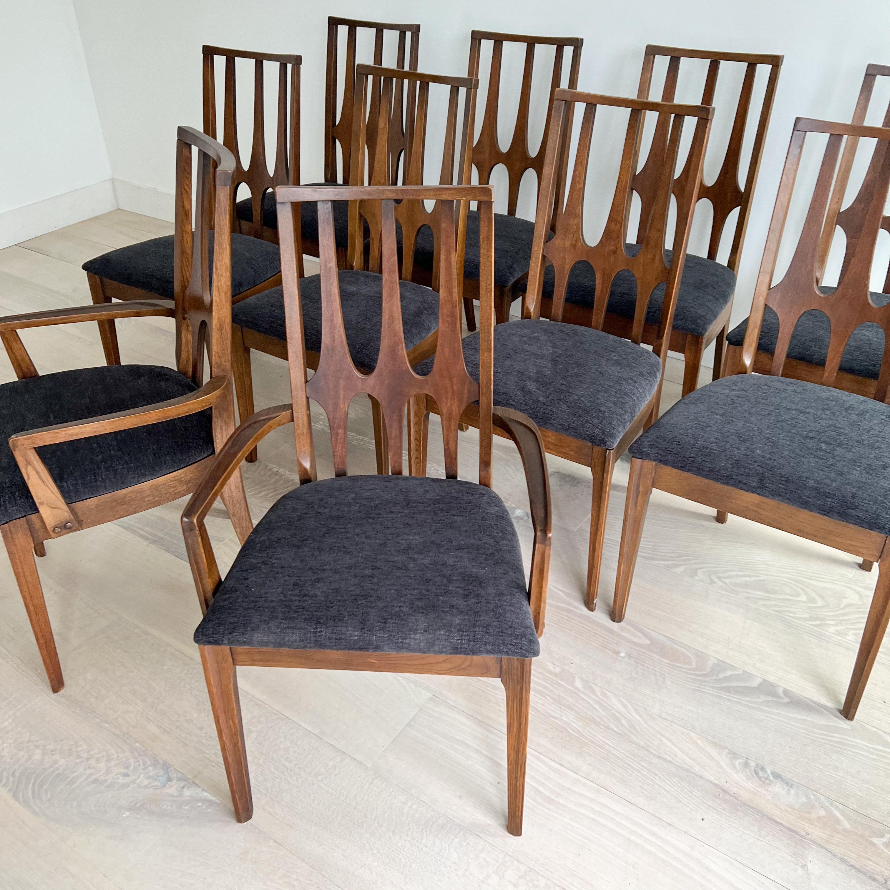 Set of 10 Mid-Century Modern Broyhill Brasilia Dining Chairs W/ New Upholstery In Good Condition In Asheville, NC