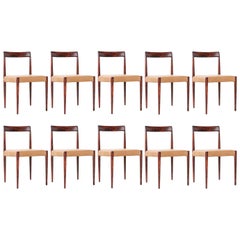 Ensemble de 10 chaises de salle à manger en bois de rose et cuir de style mi-siècle moderne par Lübke
