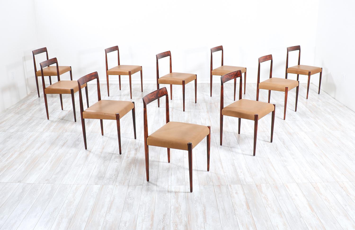 Set of 10 Mid-Century Modern rosewood and leather dining chairs by Lübke.