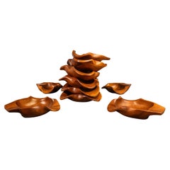 Set of 10 Mid-Century Modern Serving Bowls Carved from Solid Walnut, USA, 1969's