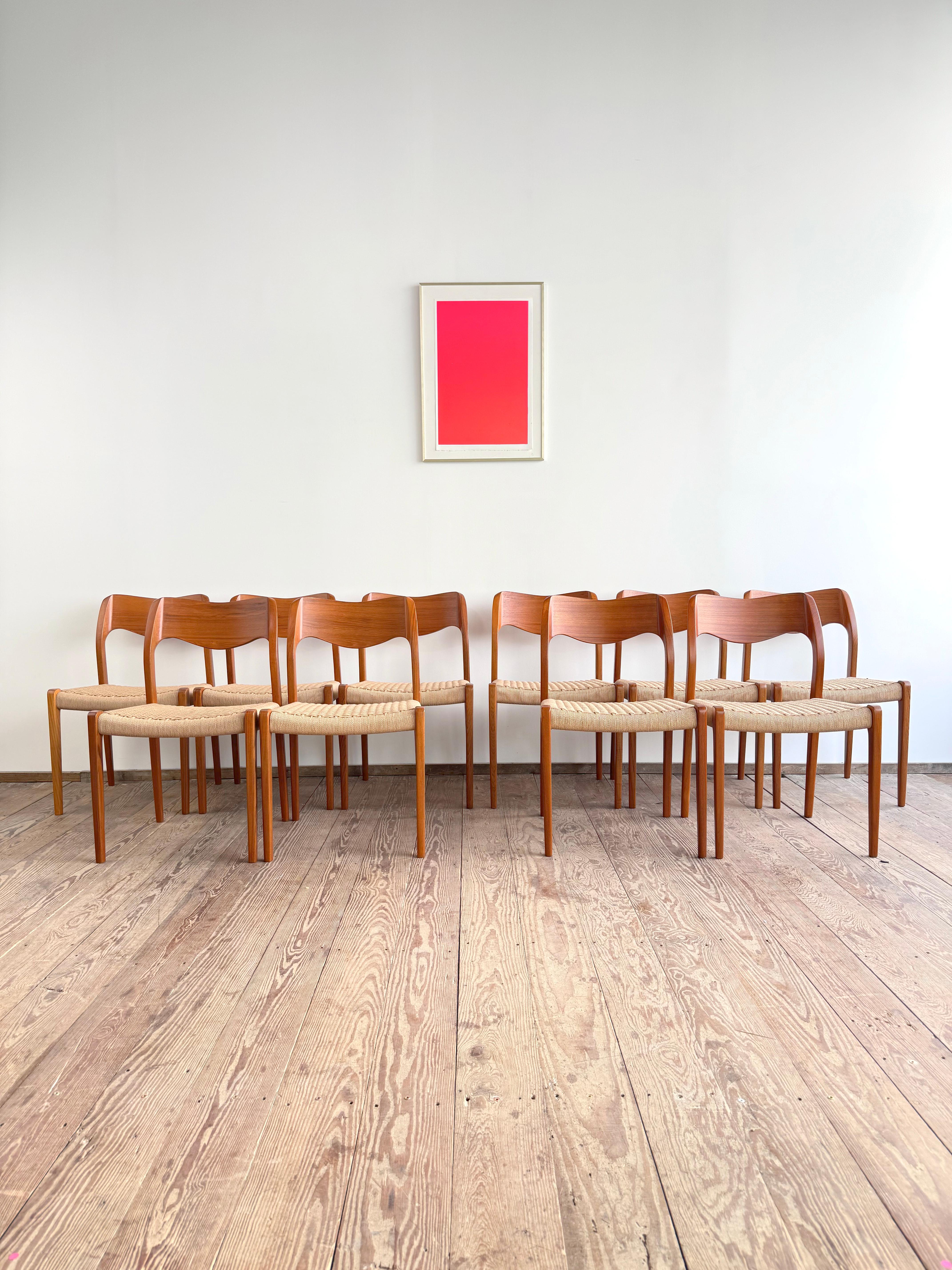 Dimensions 49 x 49 x 79 x 44cm (Width x Depth x Height x Seat height)

This beautiful set of vintage dining chairs designed by Niels O. Møller was manufactured by J. l. Møller in Denmark. The set features 10 chairs of teak wood, partially teak