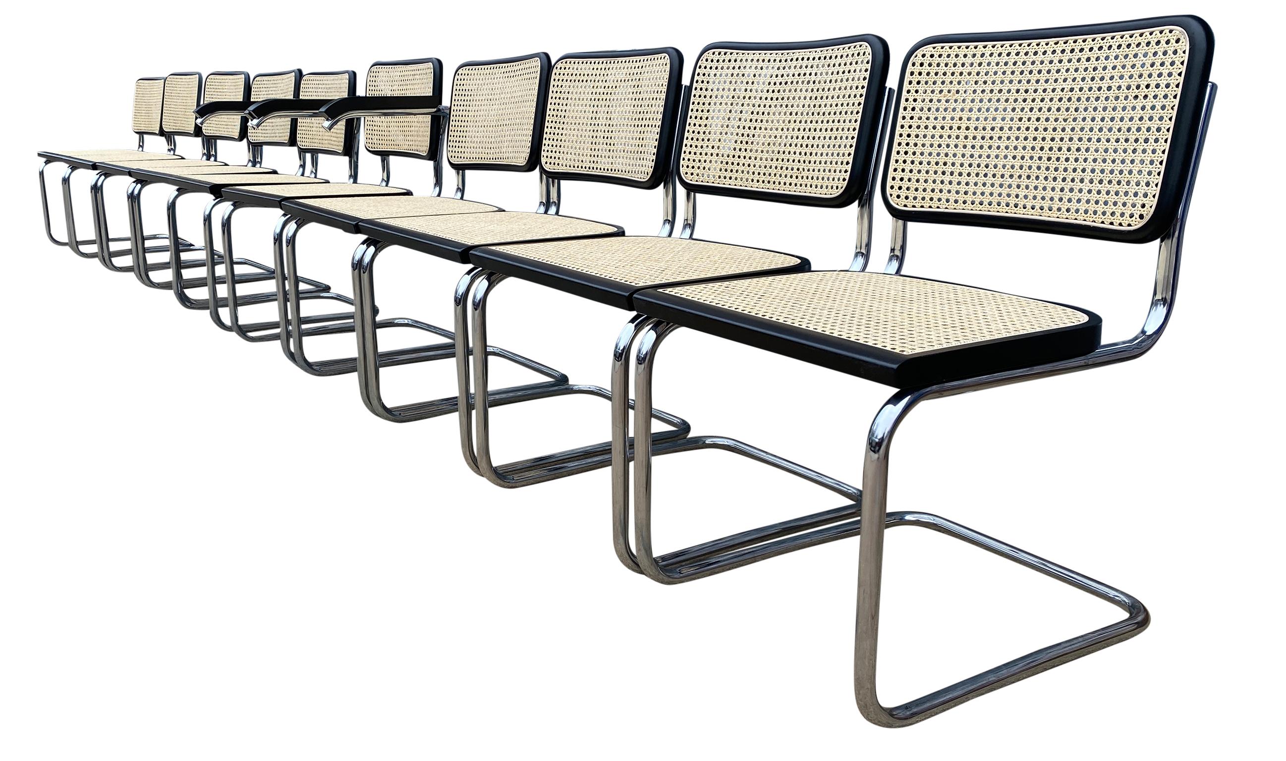 Set of matching 10 midcentury cesca chairs by Marcel Breuer / Thonet black chrome and cane. All original mid century Thonet steel chrome seamless cantilever frames. No connection in tube all 1 section also no caps seamless ends. All chairs have new