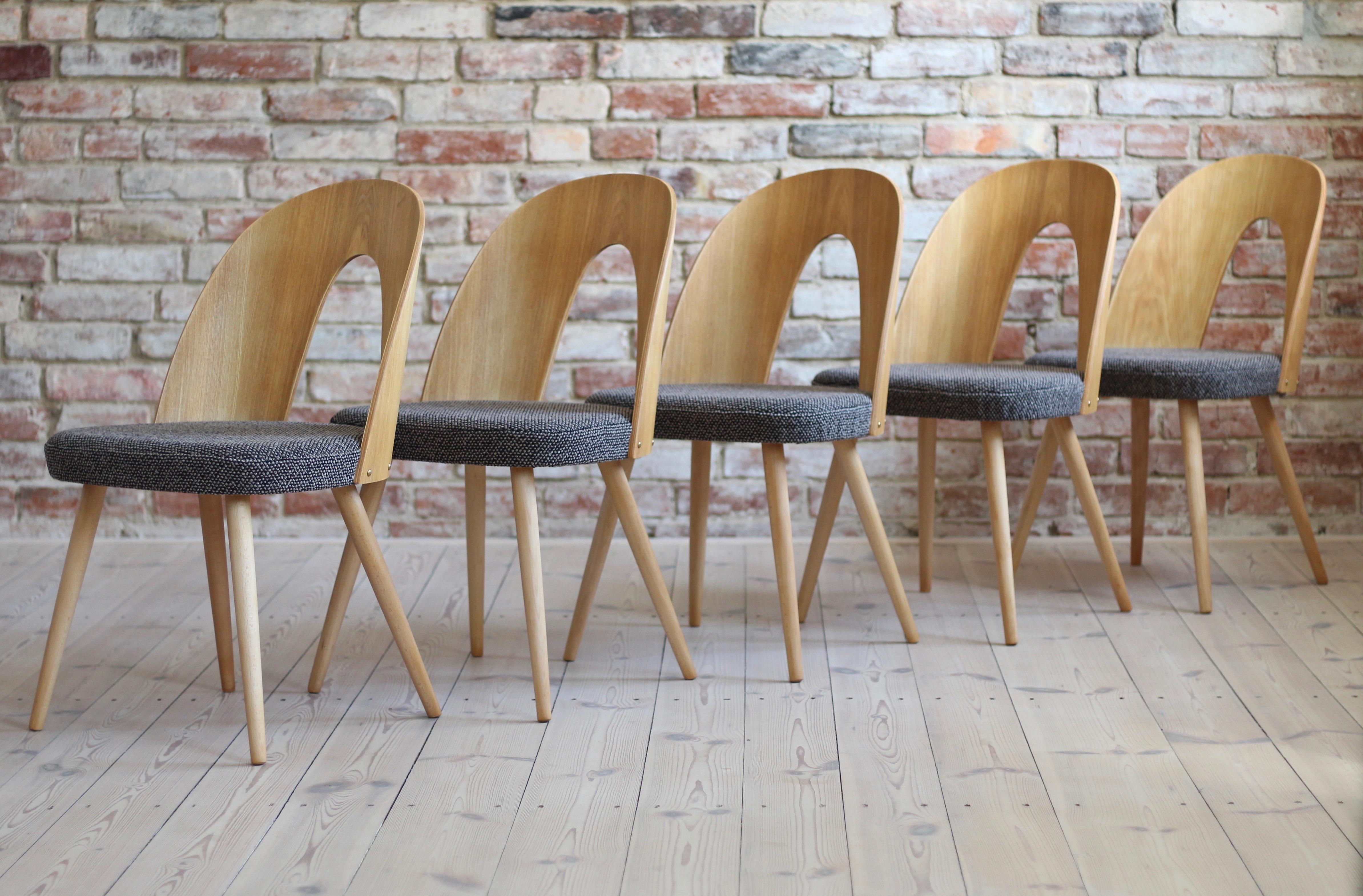 This set of ten vintage dining chairs was designed by Czech designer Antonin Šuman in the 1960s. The chairs have been completely restored finished with high-quality oil that gave them beautiful and natural finish. This set is reupholstered with