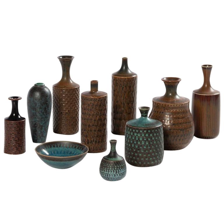 Set of 10 Midcentury Stoneware Vases Signed by Stig Lindberg for Gustavsberg