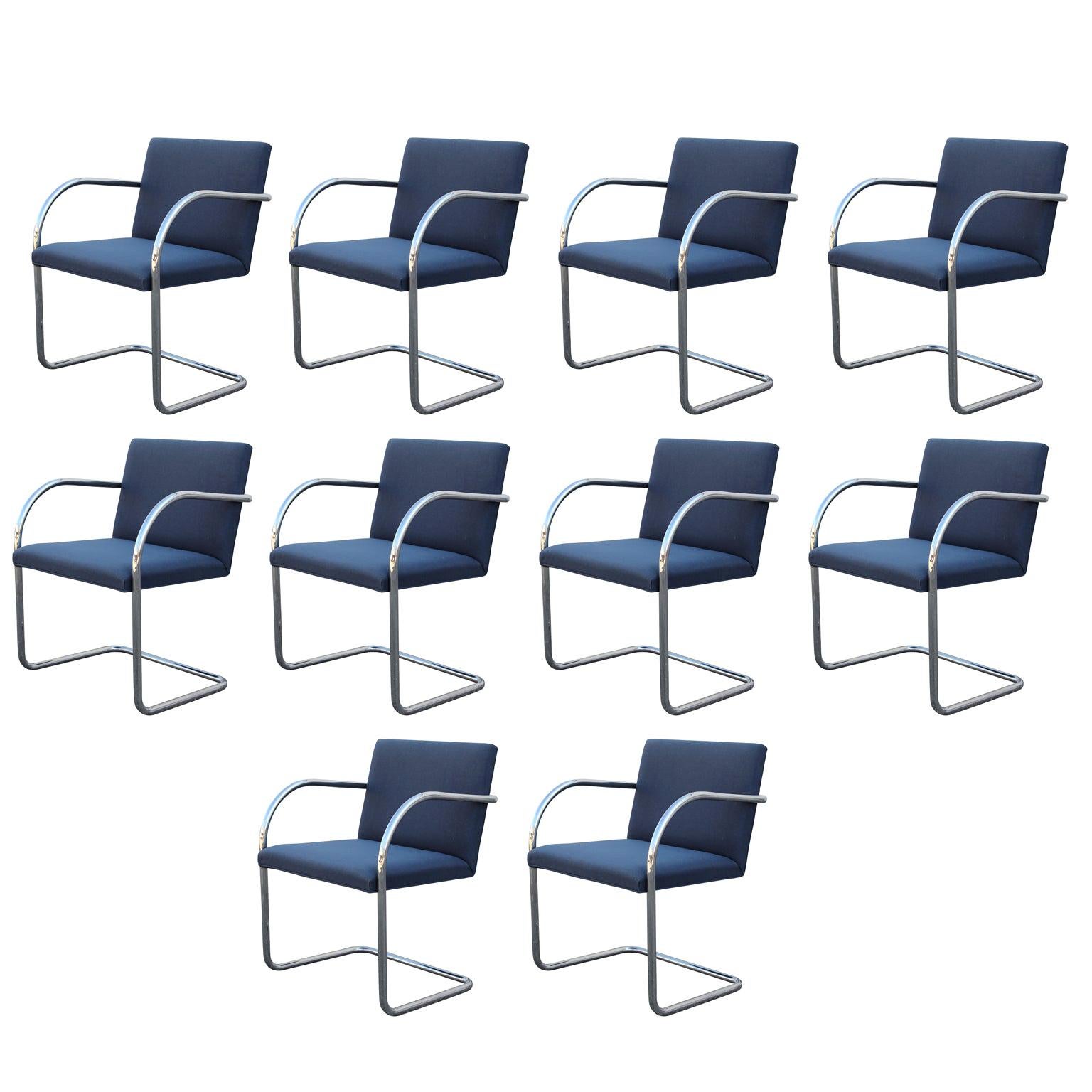Set of 10 Mies van der Rohe for Knoll Tubular Chrome Brno Dining Chairs