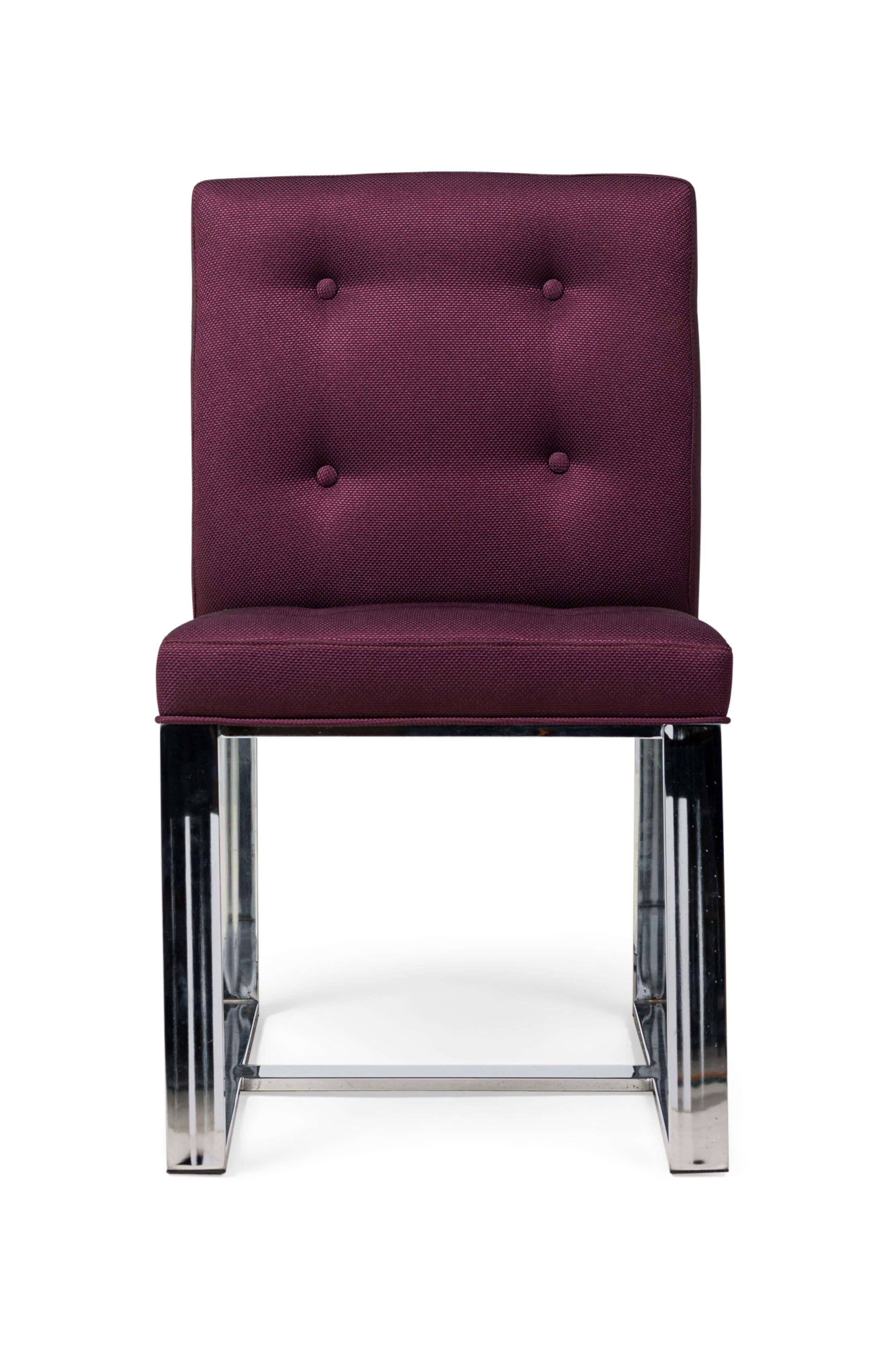 SET of 10 American Mid-Century dining / side chairs with flat bar polished stainless steel frames, upholstered in a textured purple fabric with button tufted backs. (MILO BAUGHMAN) (PRICED AS SET)
