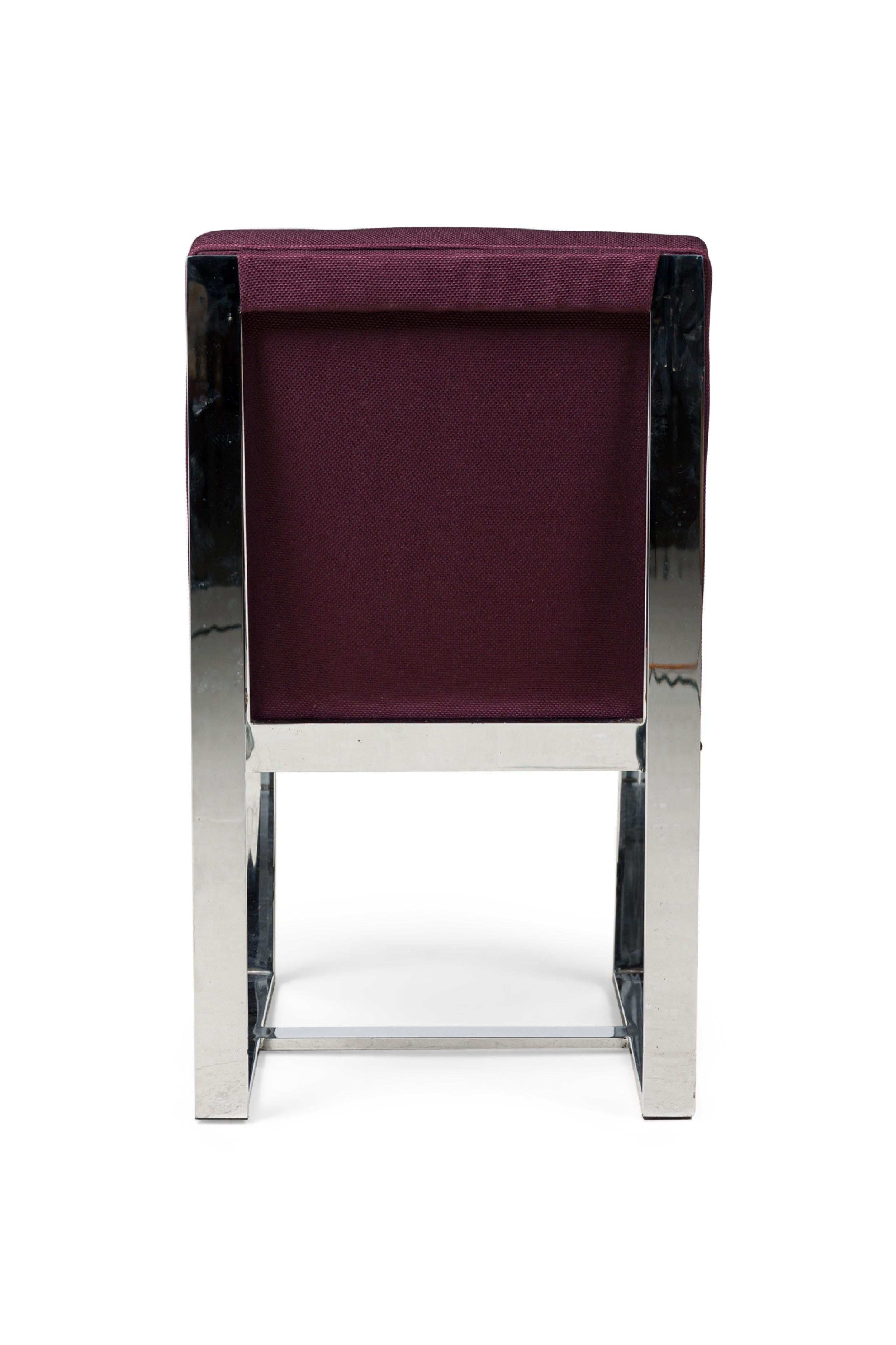 Upholstery Set of 10 Milo Baughman American Polished Steel & Purple Upholstered Side Chairs For Sale
