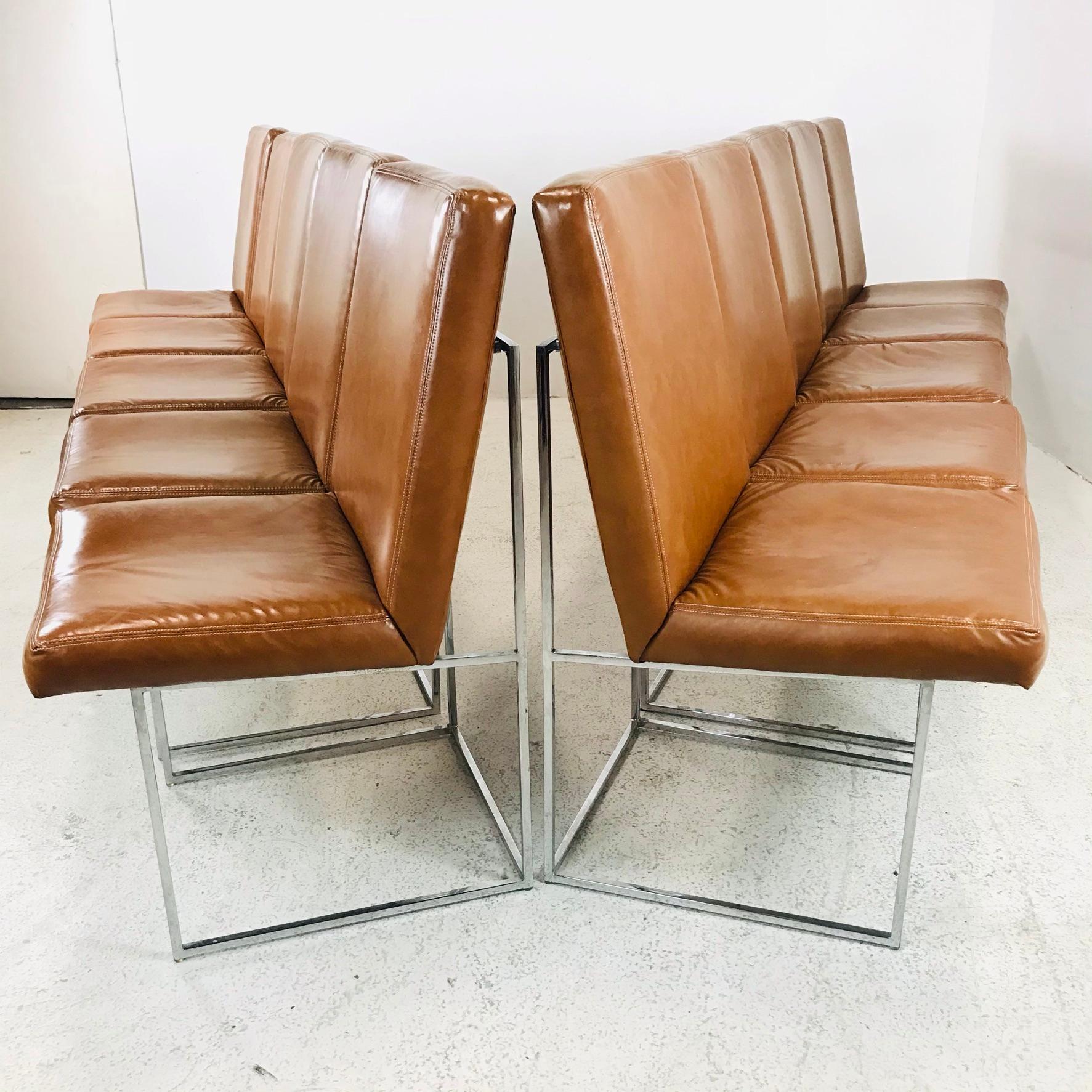 Milo Baughman for Thayer Coggin set of 10 leather dining chairs on chrome architectural box bases. Beautiful set in good vintage condition. Chairs include original tags with 1978 production date. 