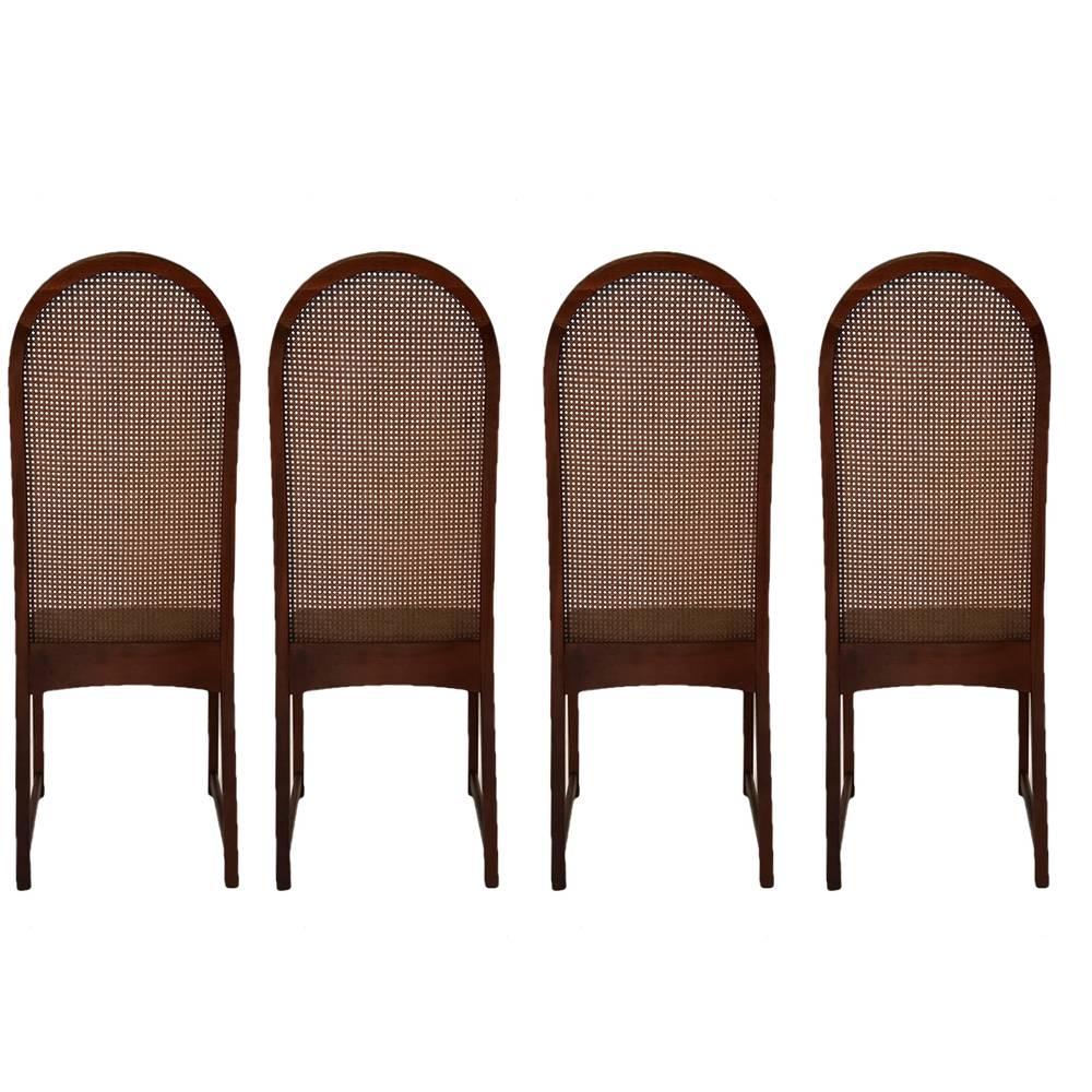 American Set of Ten Milo Baughman High Back Cane and Walnut Dining Chairs for Directional