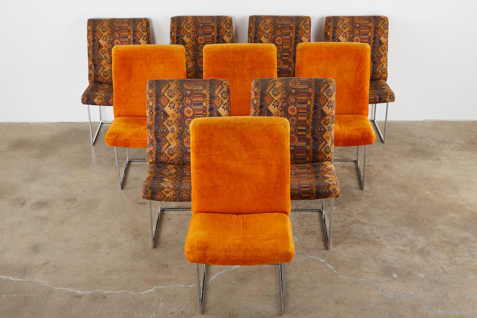 American Set of 10 Milo Baughman Thin Line Chrome Dining Chairs