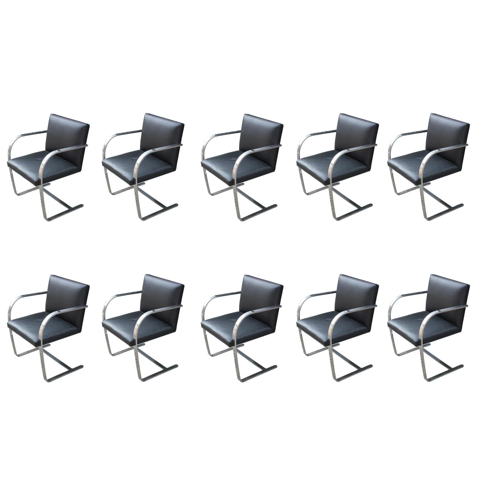 Set of 10 Modern Mies Van Der Rohe for Knoll Flat Bar Chrome Brno Dining Chairs