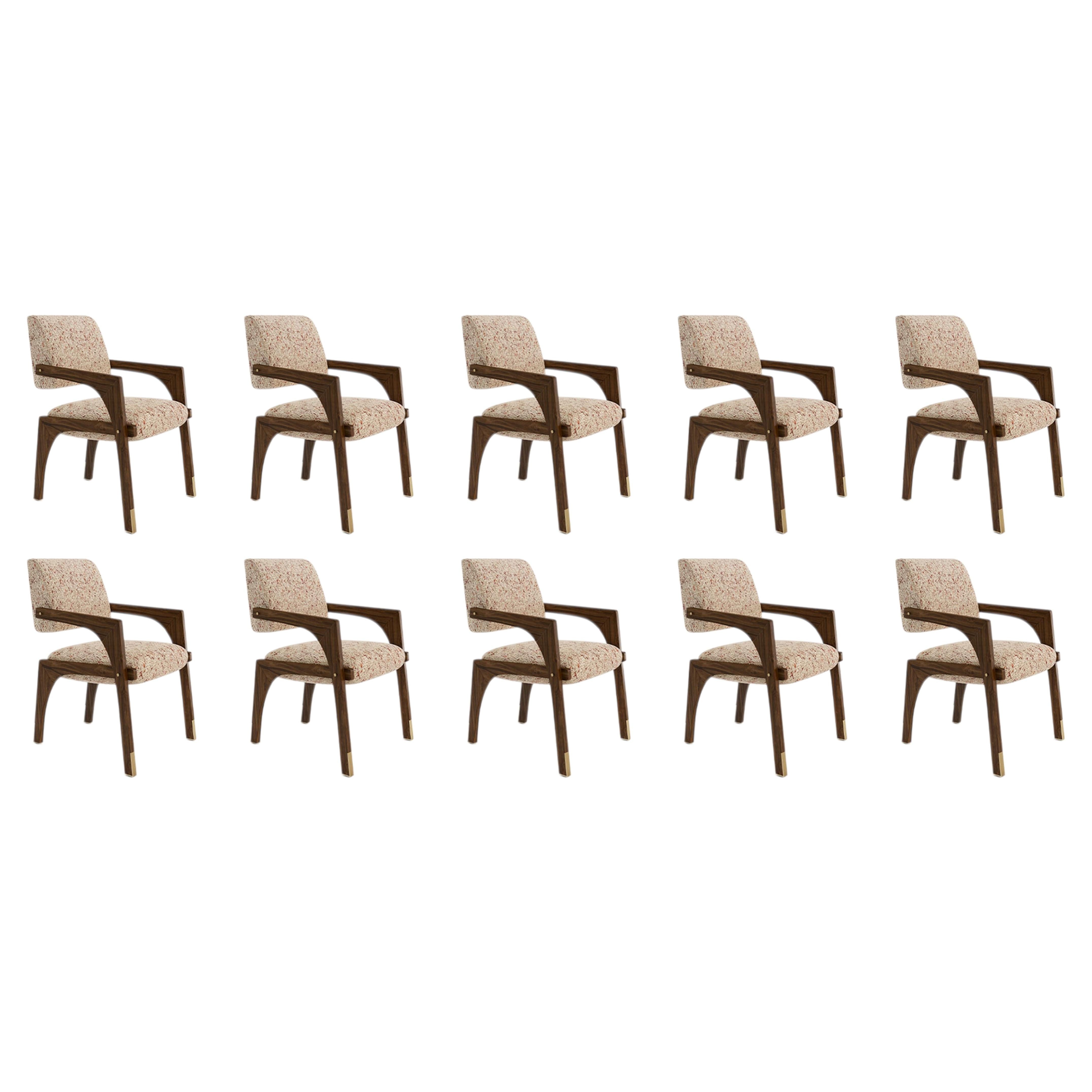 Set of 10 modern walnut chenille brass Arches dining chairs by InsidherLand For Sale