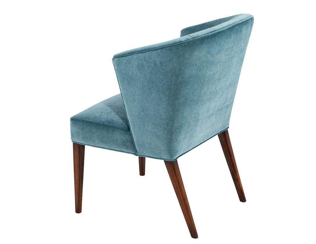 American Set of 10 Modern Walnut Dining Chairs in Turquoise Designer Velvet For Sale