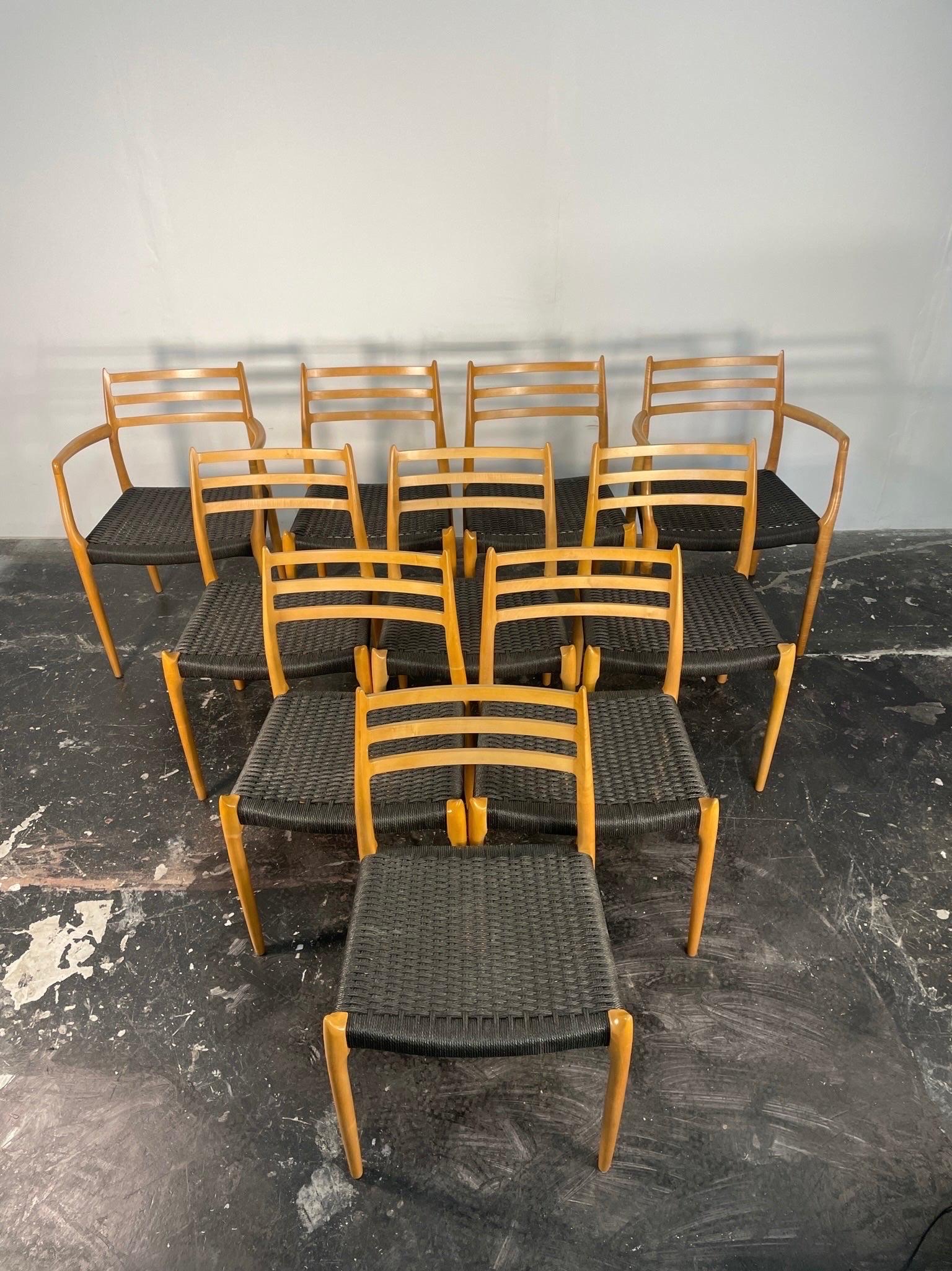 Set of 10 Moller Model #78 and #62 in Tiger Maple & Black Paper Cord. For Sale 11