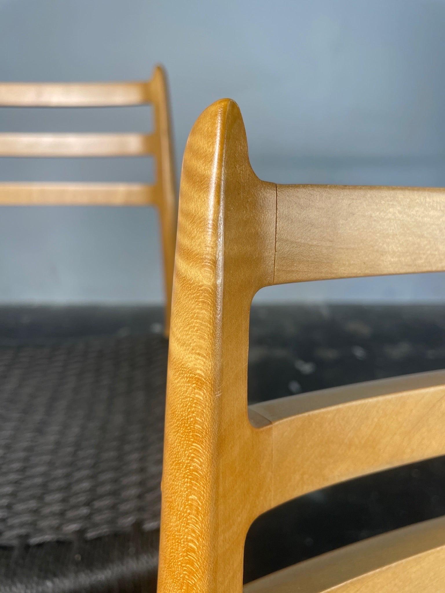 Scandinavian Modern Set of 10 Moller Model #78 and #62 in Tiger Maple & Black Paper Cord. For Sale