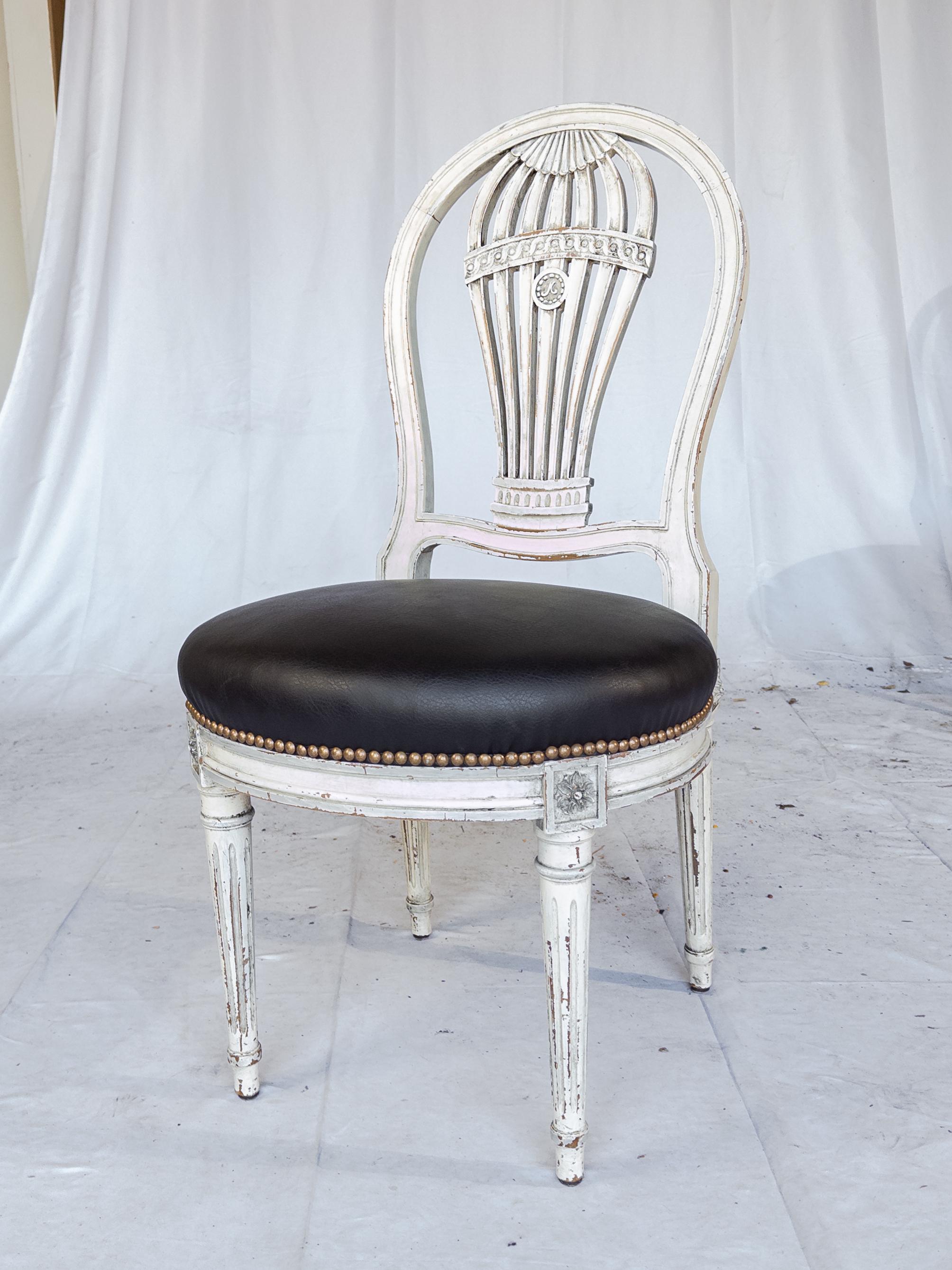 Set of 10 Montgolfier Painted White Chairs with New Leather Upholstery For Sale 5