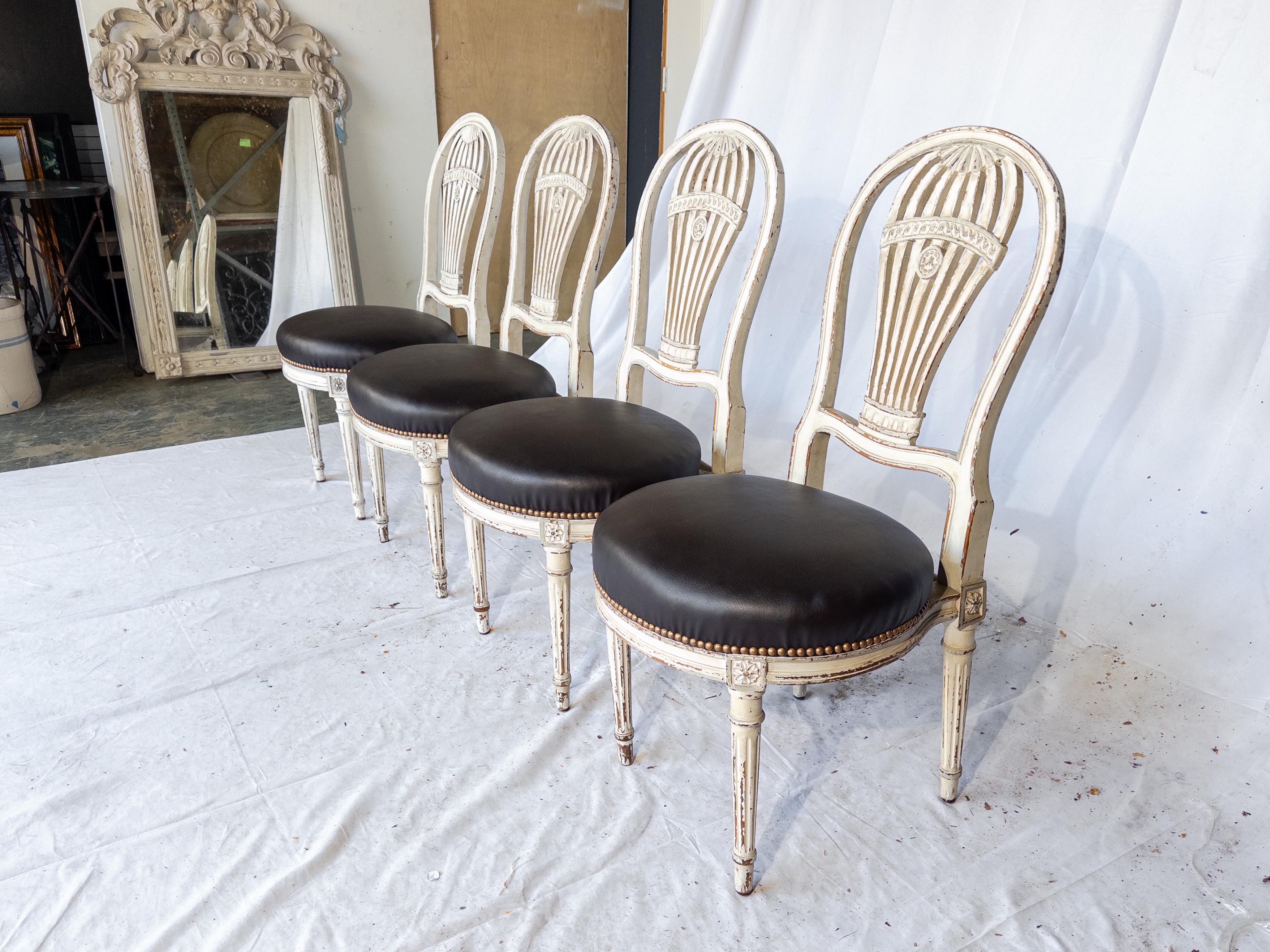 French Set of 10 Montgolfier Painted White Chairs with New Leather Upholstery For Sale