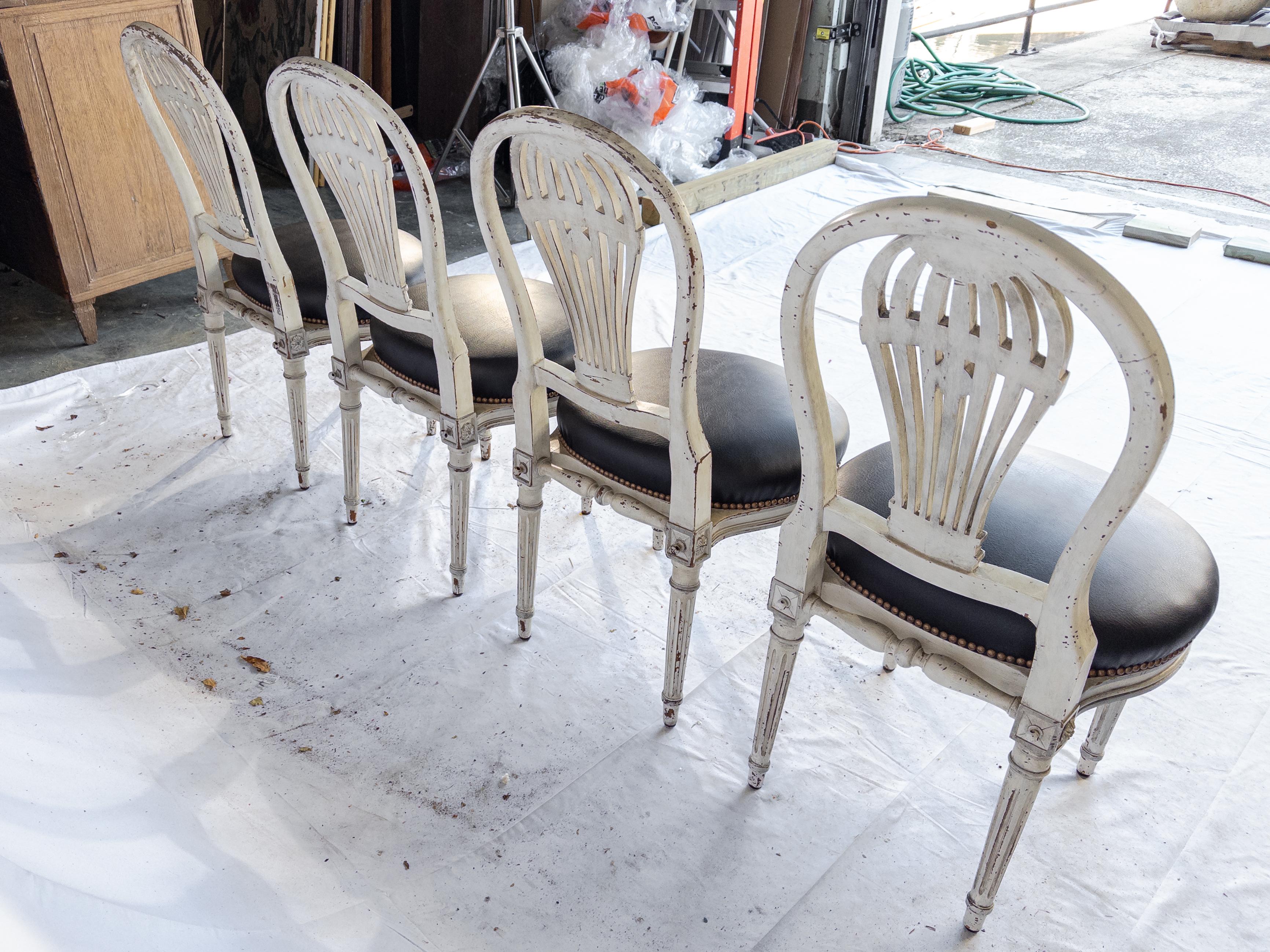 Carved Set of 10 Montgolfier Painted White Chairs with New Leather Upholstery For Sale