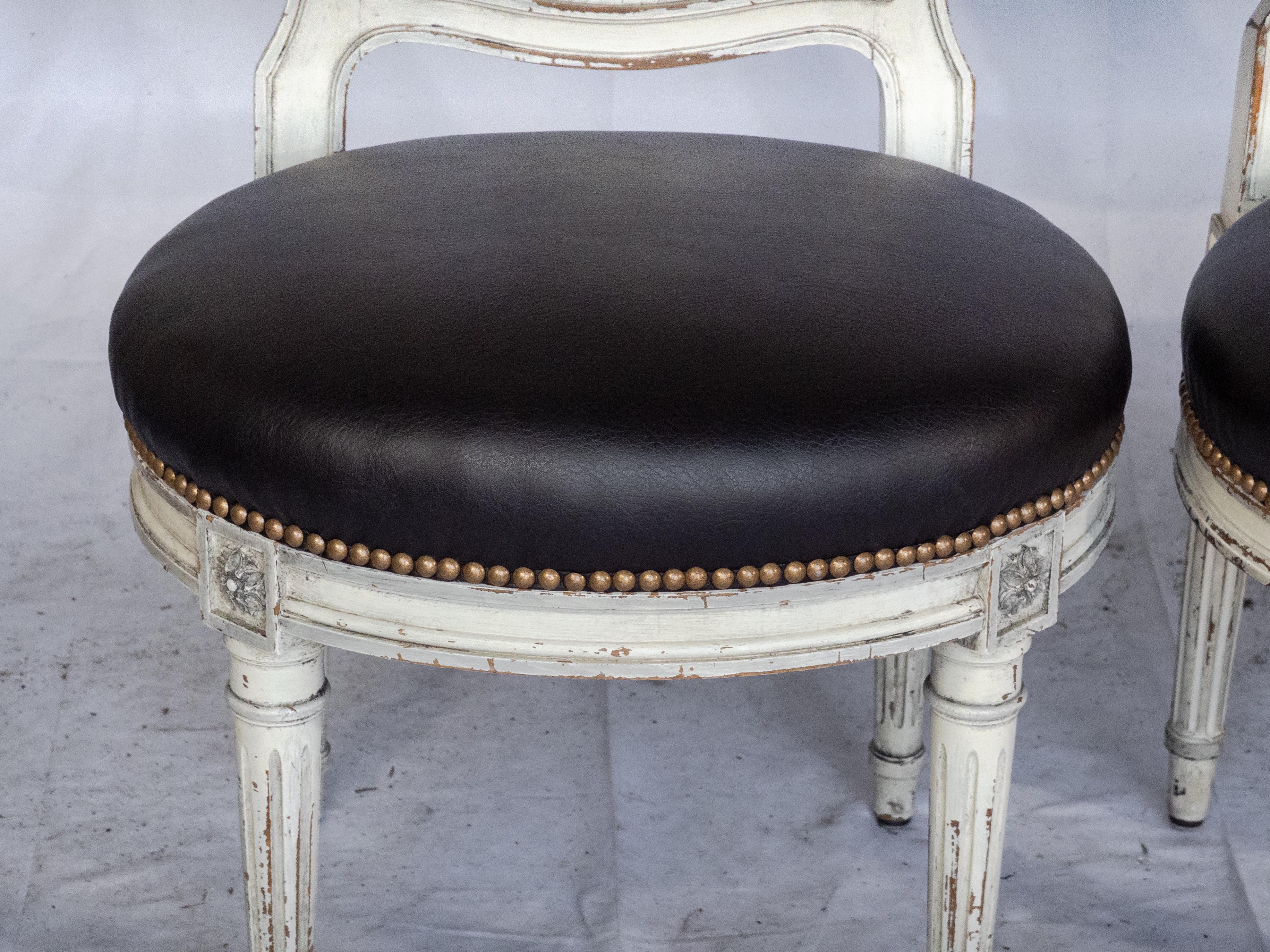 Set of 10 Montgolfier Painted White Chairs with New Leather Upholstery For Sale 1