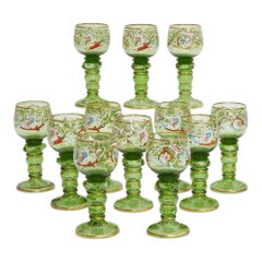 Set of 10 Moser Enamelled Green Glass Roemers Wine Stems - Myers Neff Decorated