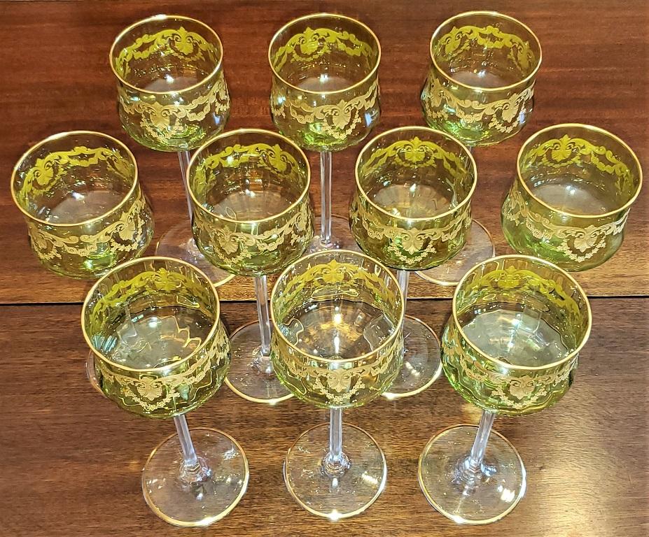 Set of 10 Moser Glass Green and Gold Tall Wine Goblets 3