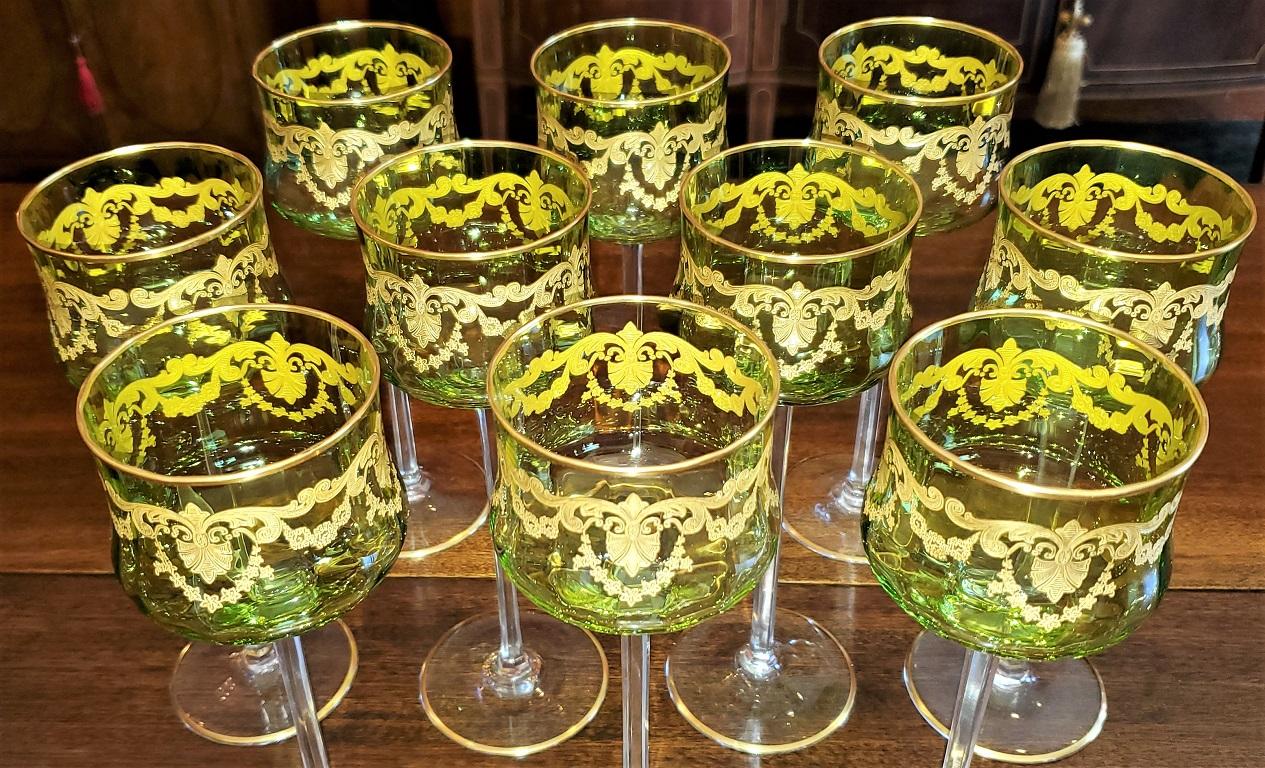 Set of 10 Moser Glass Green and Gold Tall Wine Goblets 4