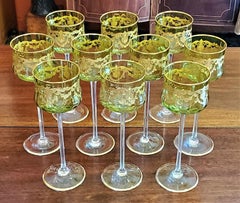 Set of 10 Moser Glass Green and Gold Tall Wine Goblets