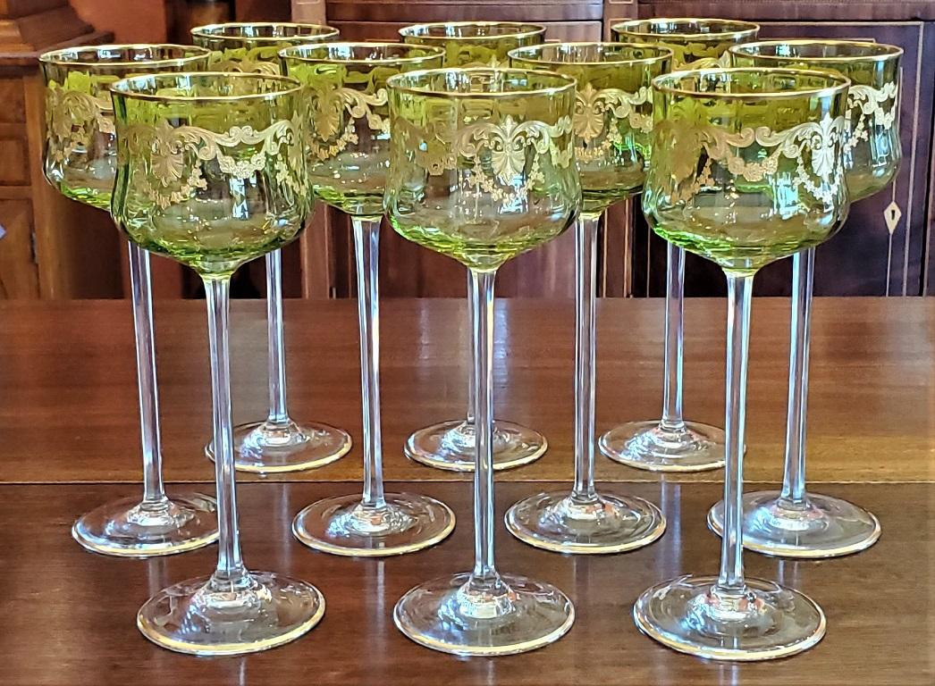 Baroque Revival Set of 10 Moser Glass Green and Gold Tall Wine Goblets
