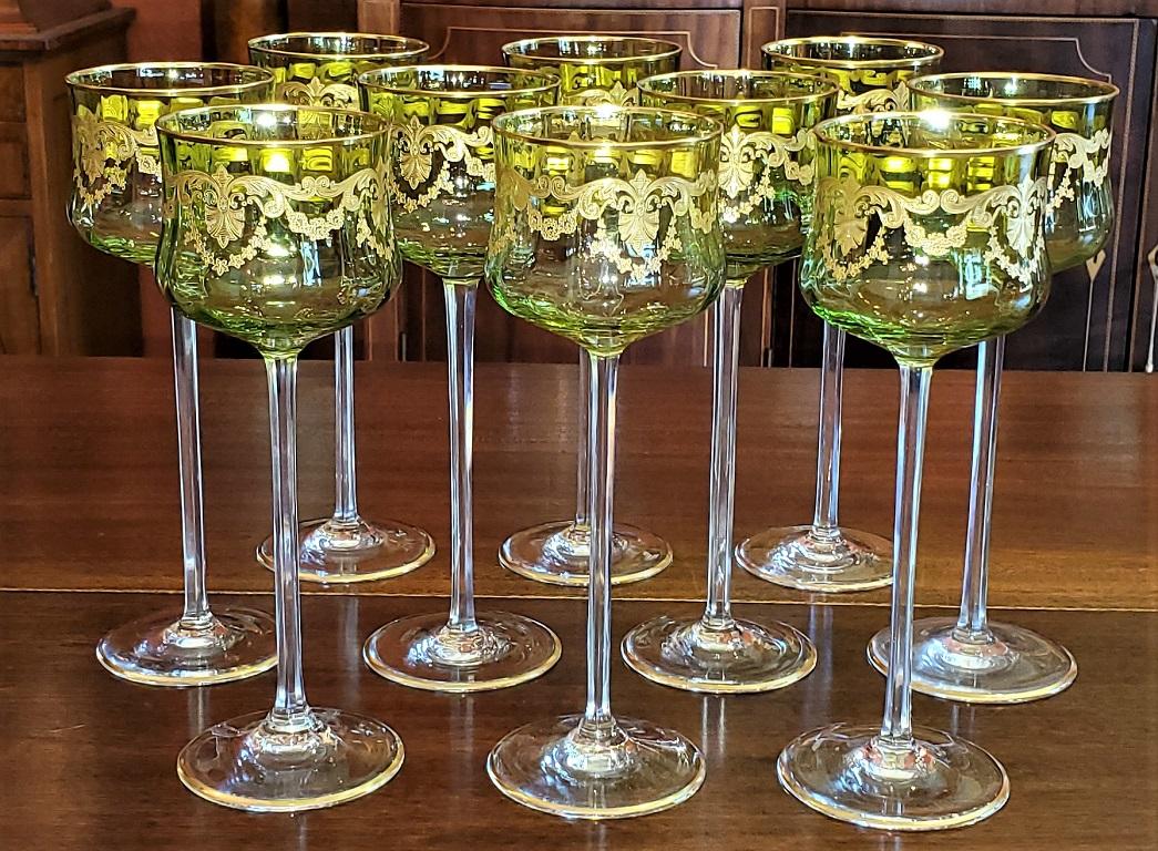 Czech Set of 10 Moser Glass Green and Gold Tall Wine Goblets