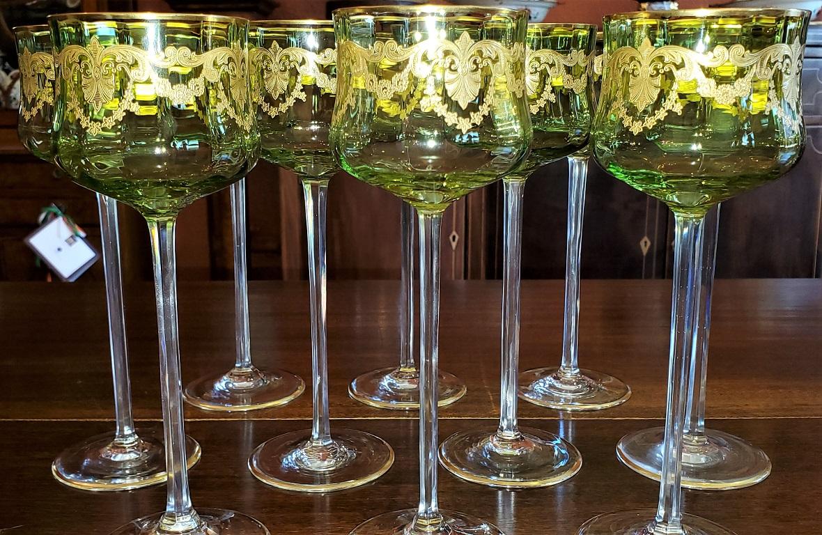 Appliqué Set of 10 Moser Glass Green and Gold Tall Wine Goblets