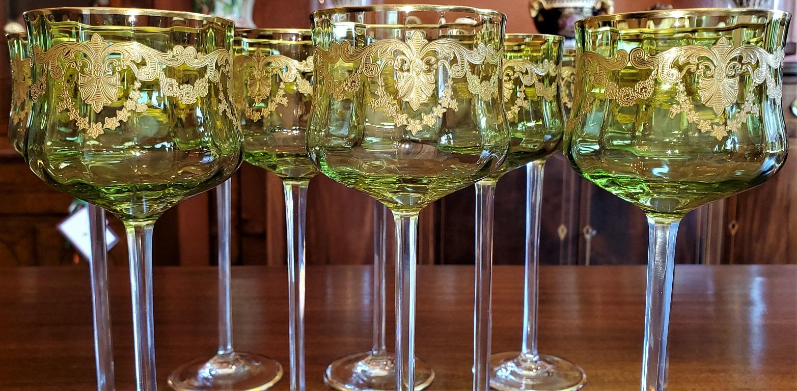Set of 10 Moser Glass Green and Gold Tall Wine Goblets In Excellent Condition In Dallas, TX
