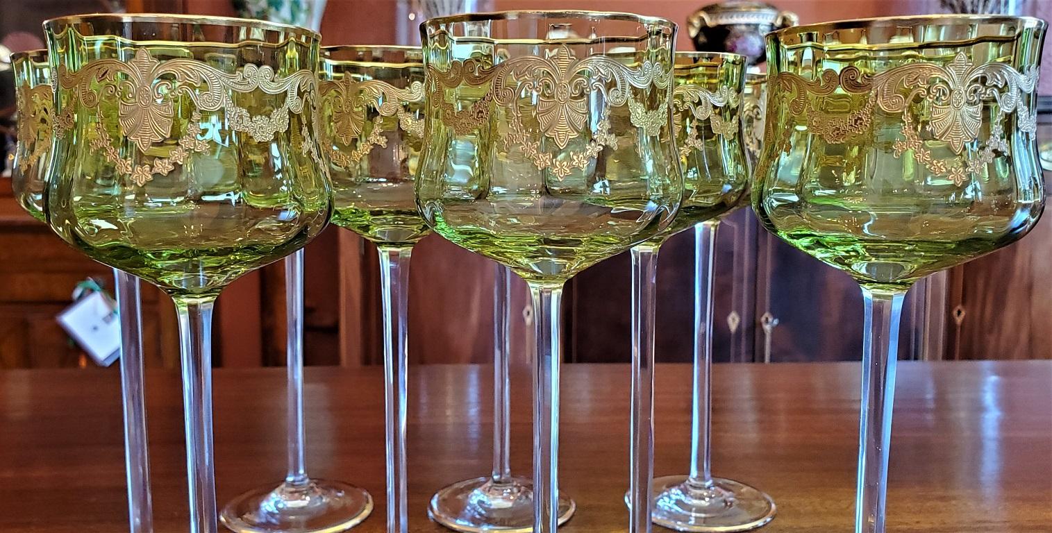 20th Century Set of 10 Moser Glass Green and Gold Tall Wine Goblets