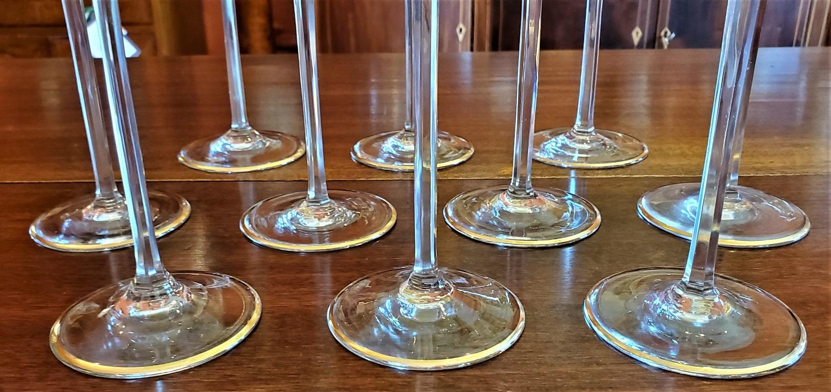 Set of 10 Moser Glass Green and Gold Tall Wine Goblets 1
