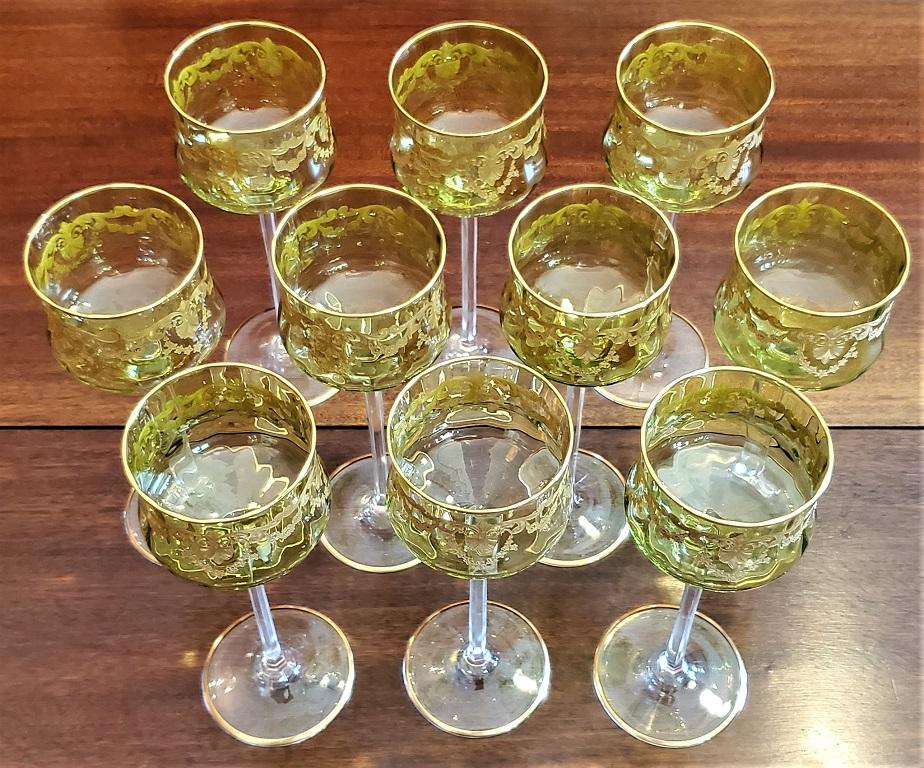 Set of 10 Moser Glass Green and Gold Tall Wine Goblets 2