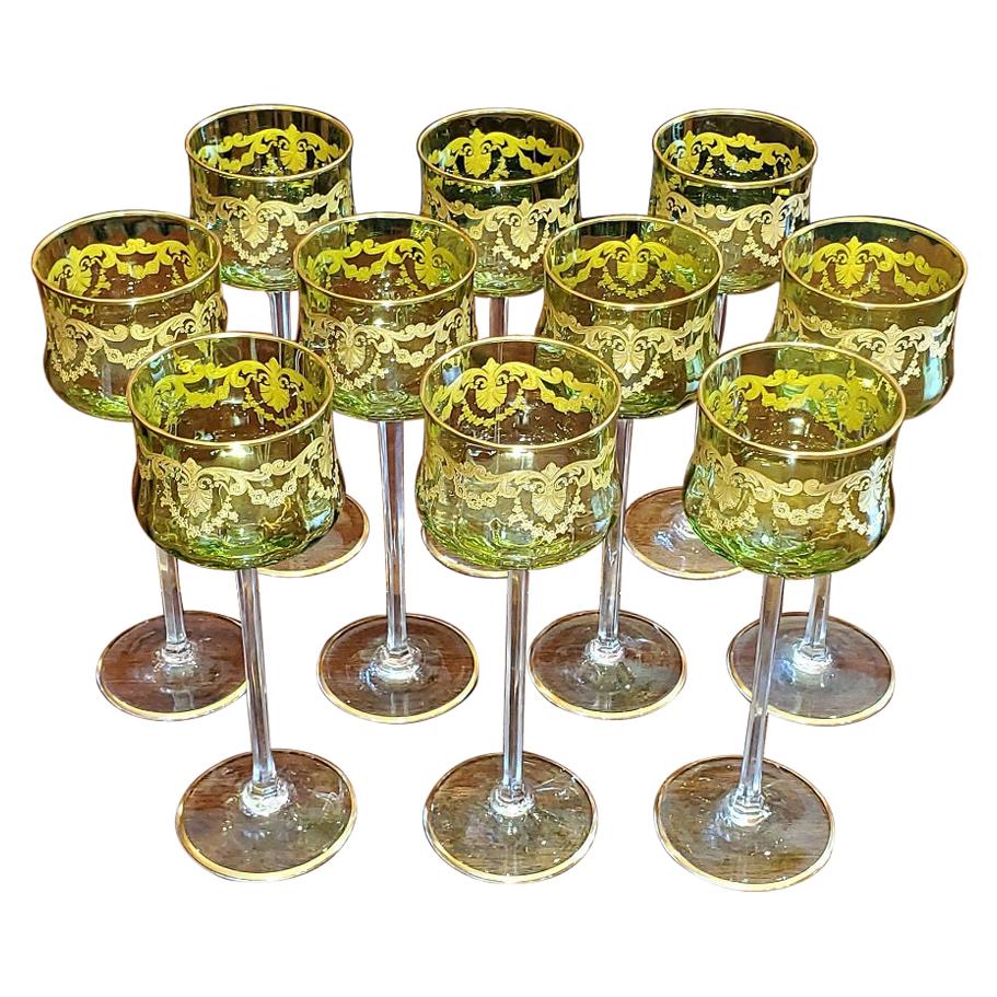 Set of 10 Moser Glass Green and Gold Tall Wine Goblets