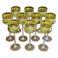 Retro Set of 10 Moser Glass Green and Gold Tall Wine Goblets