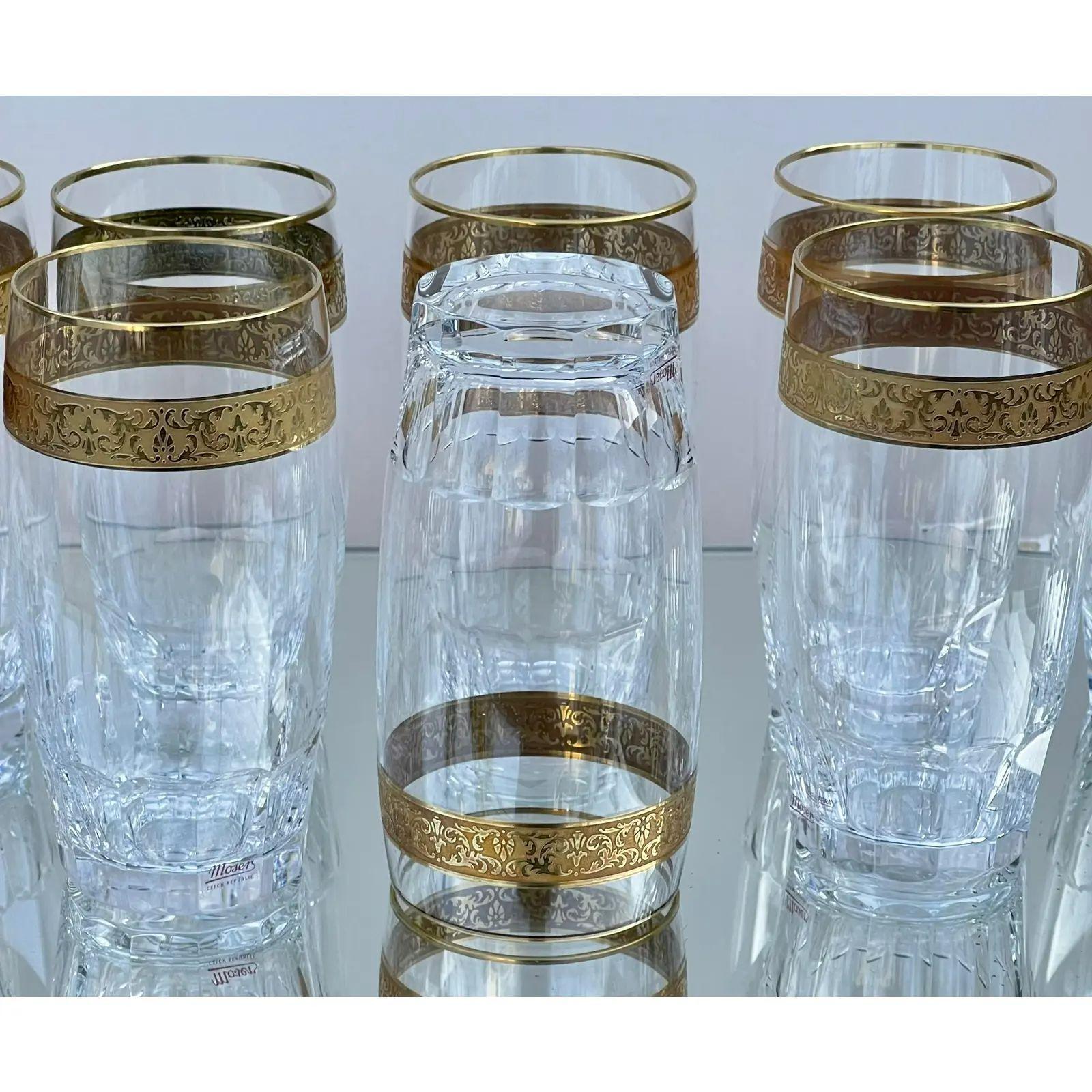 Moser gold encrusted crystal juice tumblers - set of 10.

Additional information: 
Materials: Crystal, Gold.
Color: Gold.
Brand: Moser Glassworks.
Designer: Thomas Moser.
Period: 1980s.
Styles: Art Deco.
Item Type: Vintage, Antique or