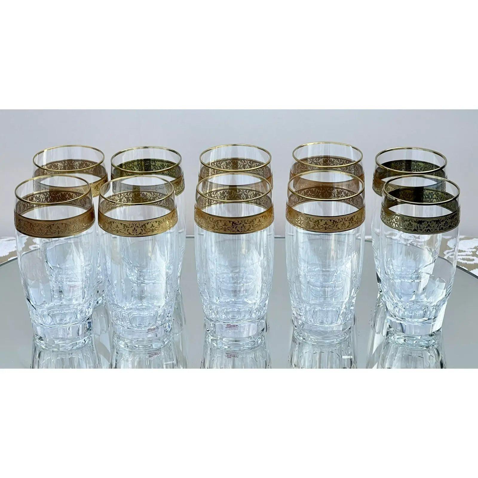 Art Deco Set of 10 Moser Gold Encrusted Crystal Juice Tumblers, 1980s For Sale
