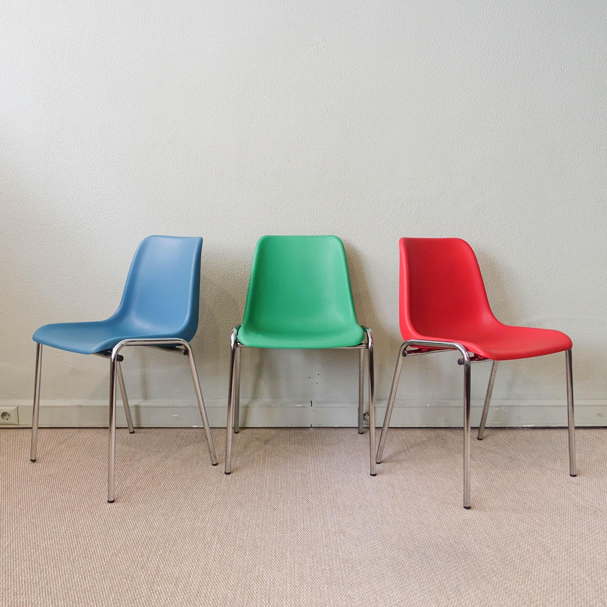 Mid-Century Modern Set of 10 Multicolored Stackable Chairs in the Style of Helmut Starke, 1970s For Sale