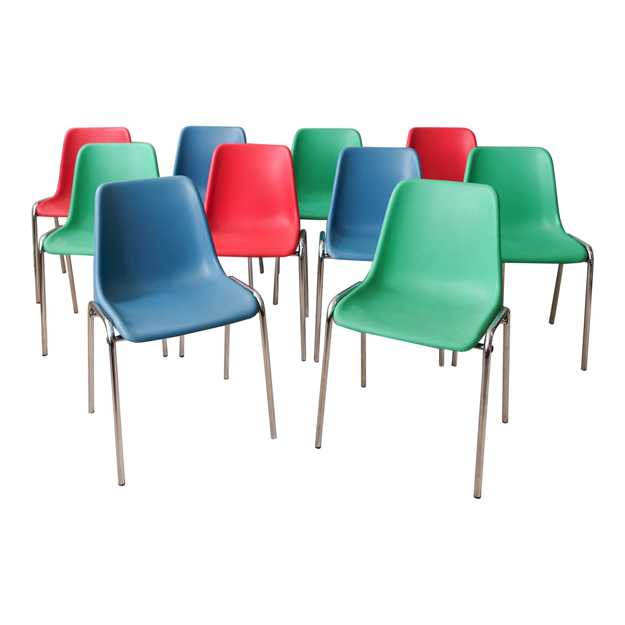 Set of 10 Multicolored Stackable Chairs in the Style of Helmut Starke, 1970s