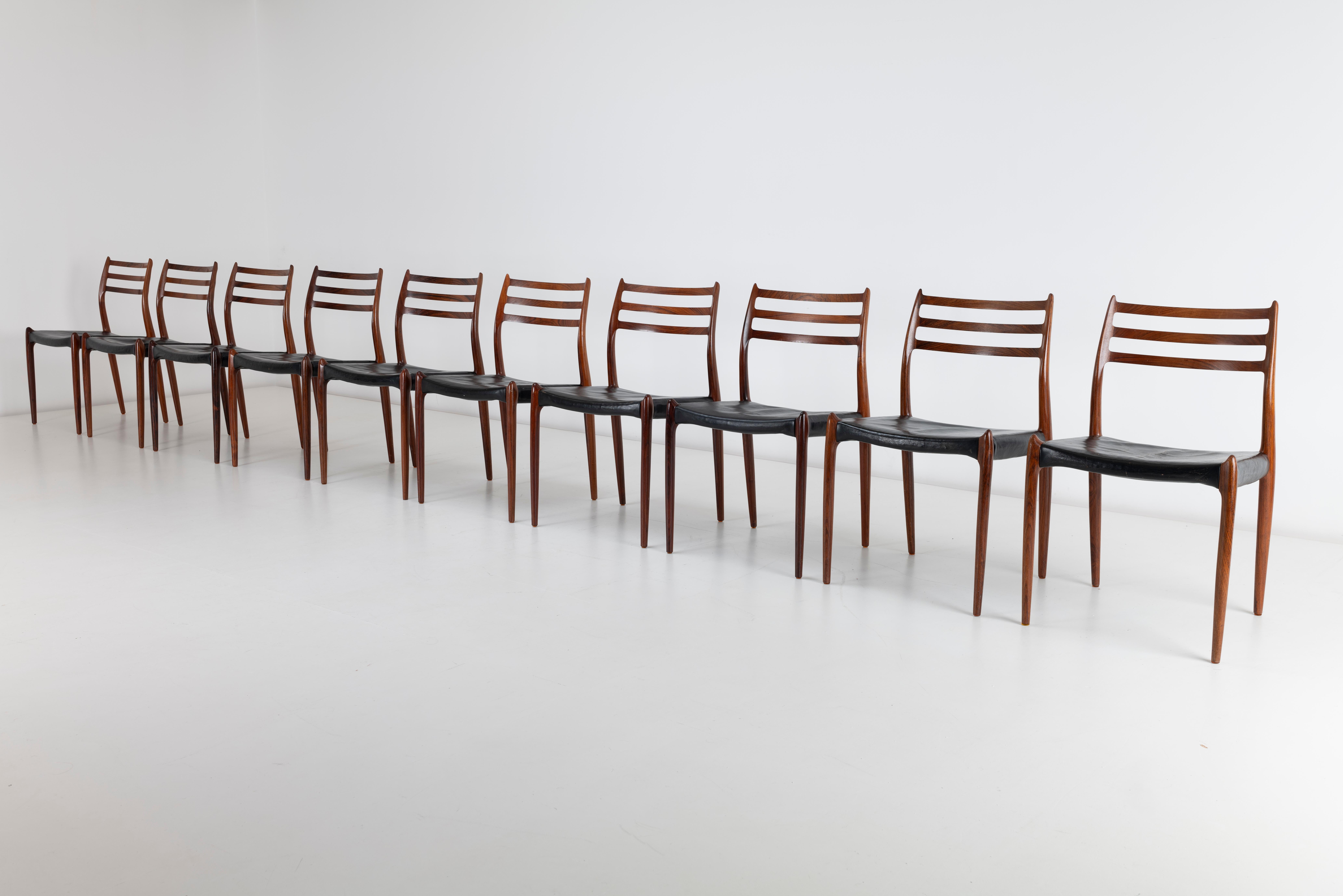 Danish 10 x Niels Moller Model 78 Dining Chairs in Brazilian Rosewood Original Leather For Sale