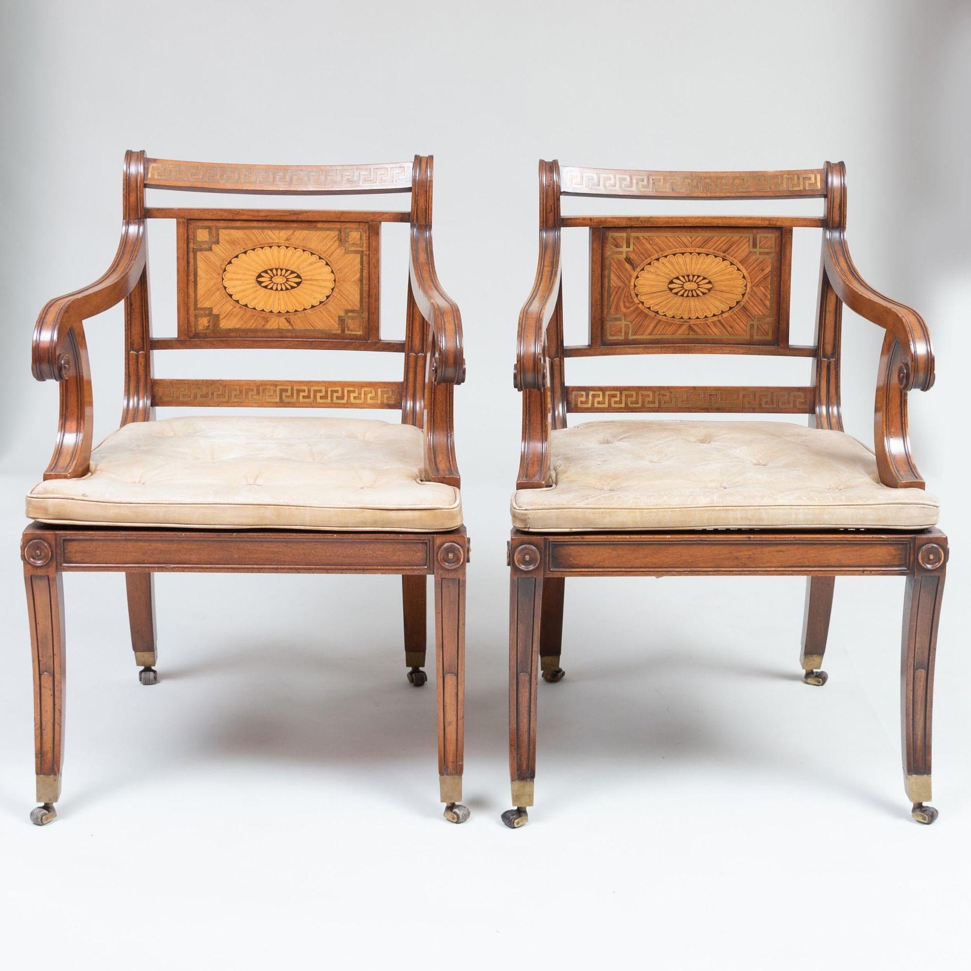 European Set of 10 Neoclassical Inlaid Armchairs For Sale