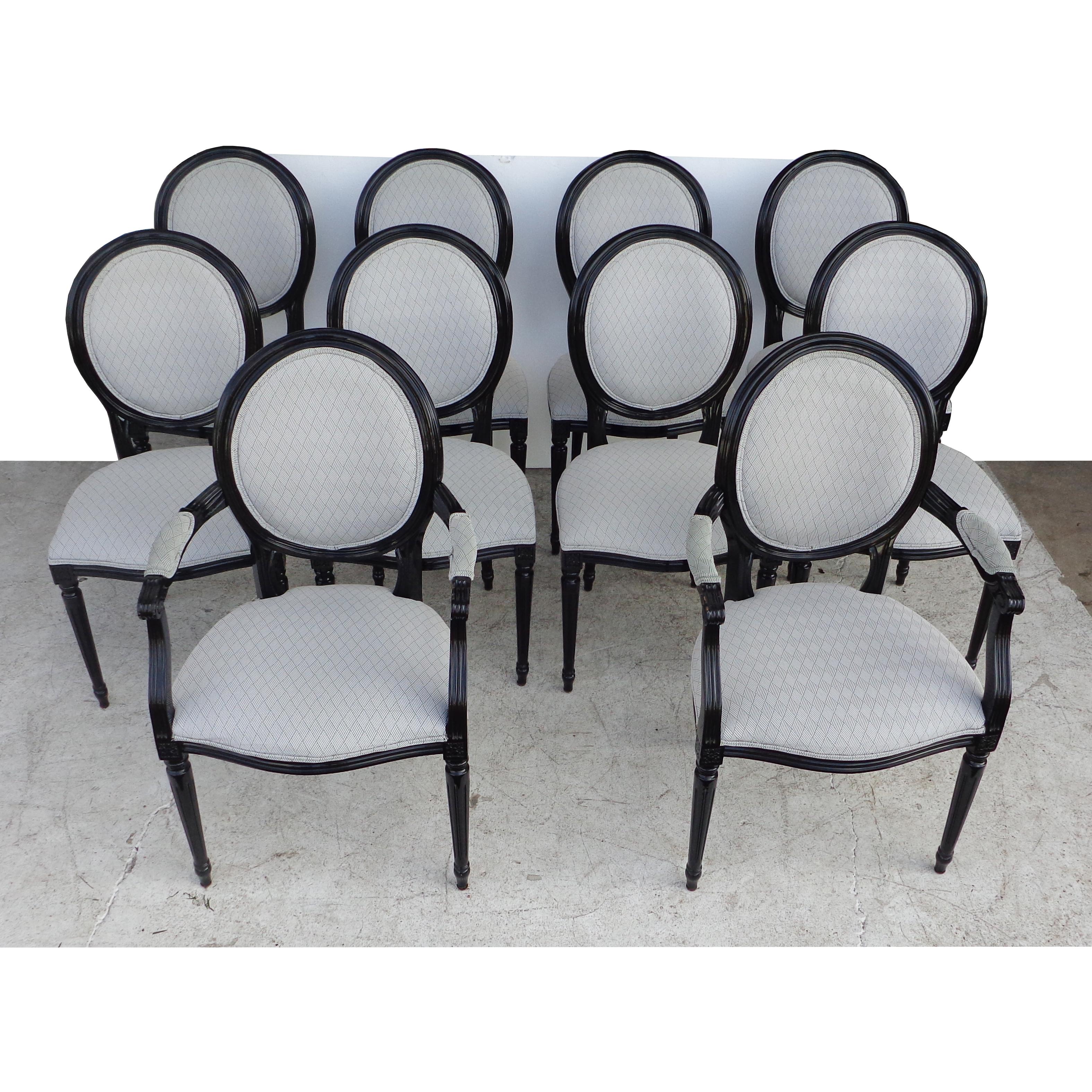 Ebonized Set of 10 Neoclassical Louis XVI Style Dining Chairs