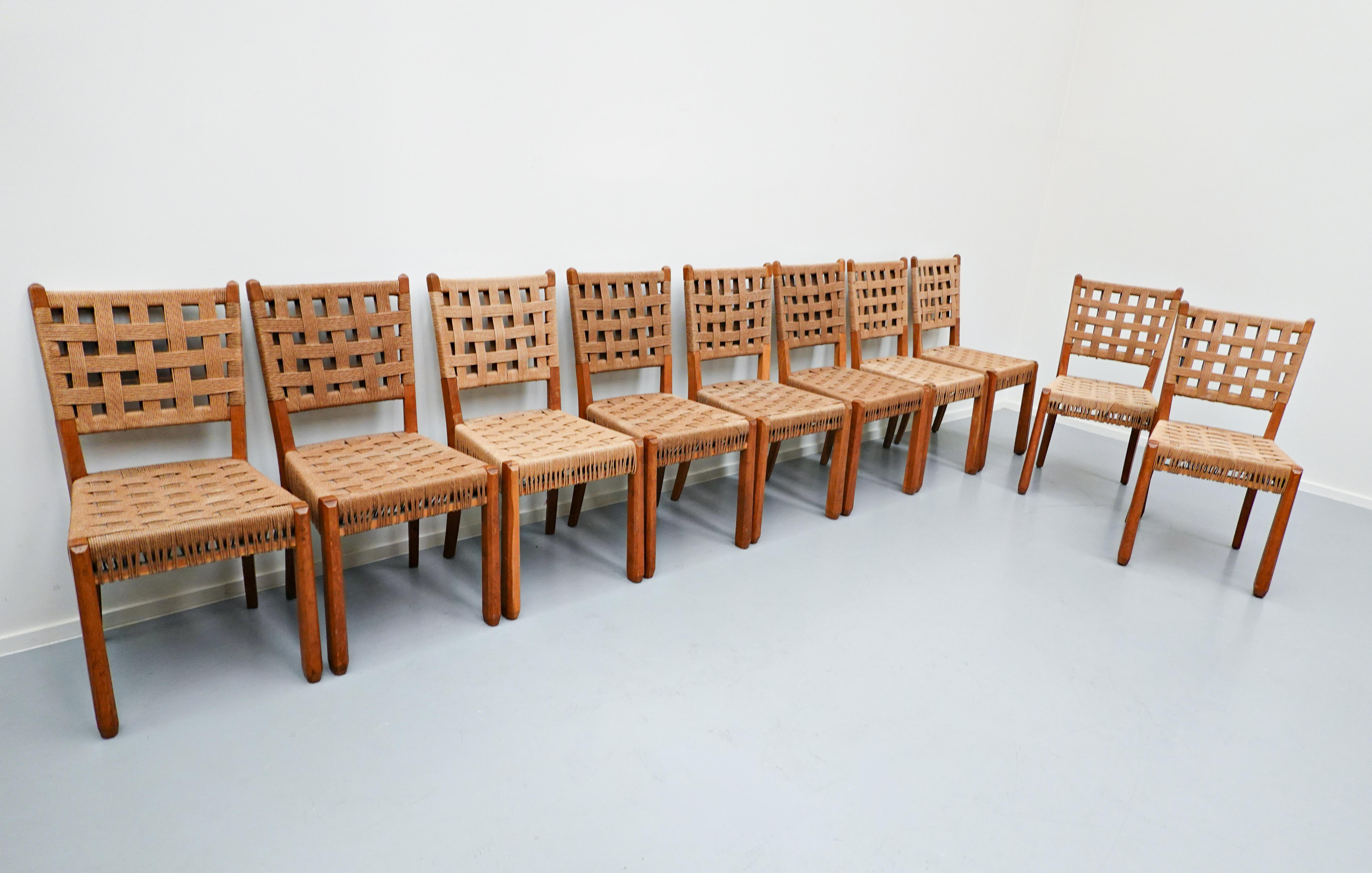 Set of 10 Mid-Century Modern Oak and Rope Chairs, 1940s In Good Condition In Brussels, BE