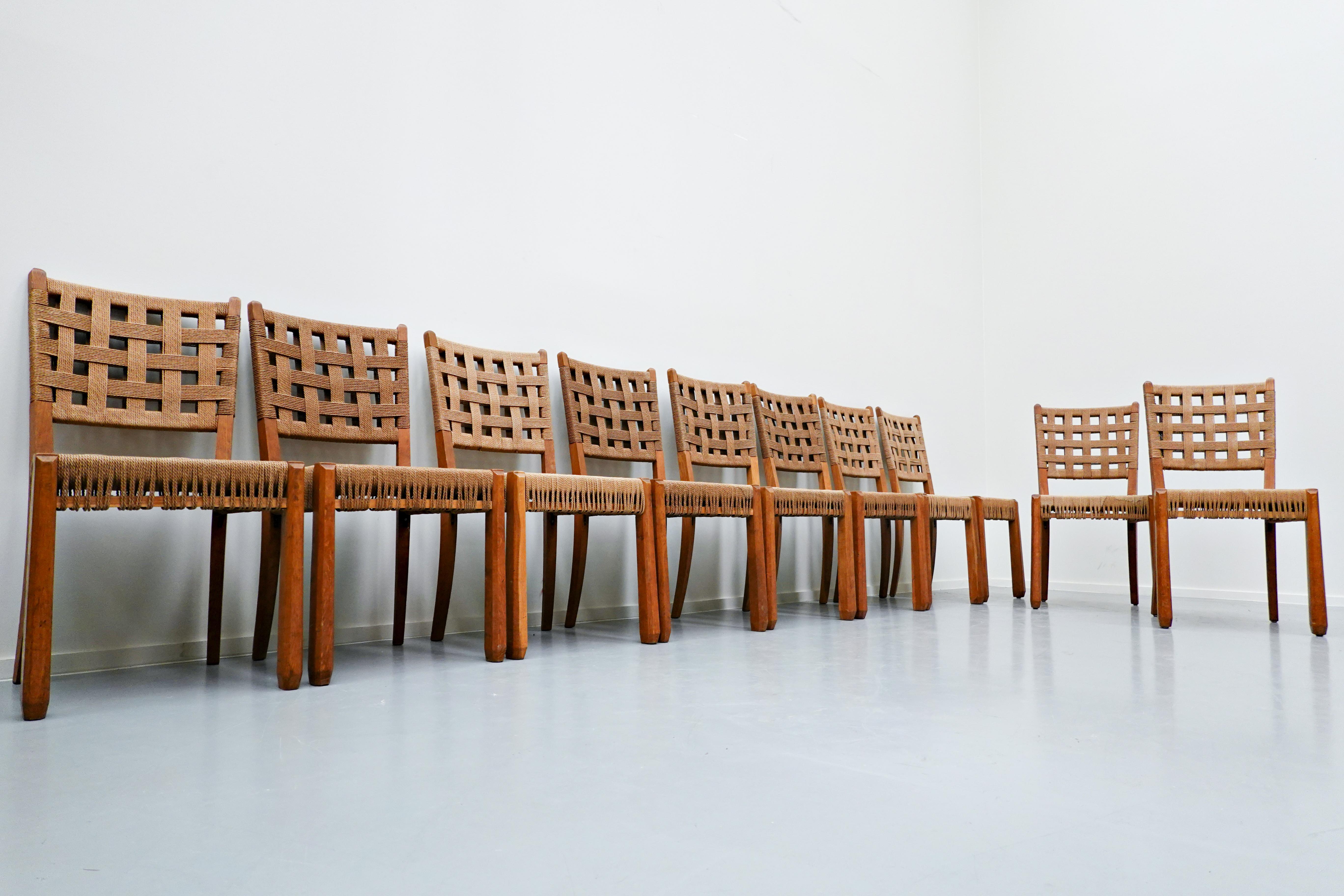Mid-20th Century Set of 10 Mid-Century Modern Oak and Rope Chairs, 1940s