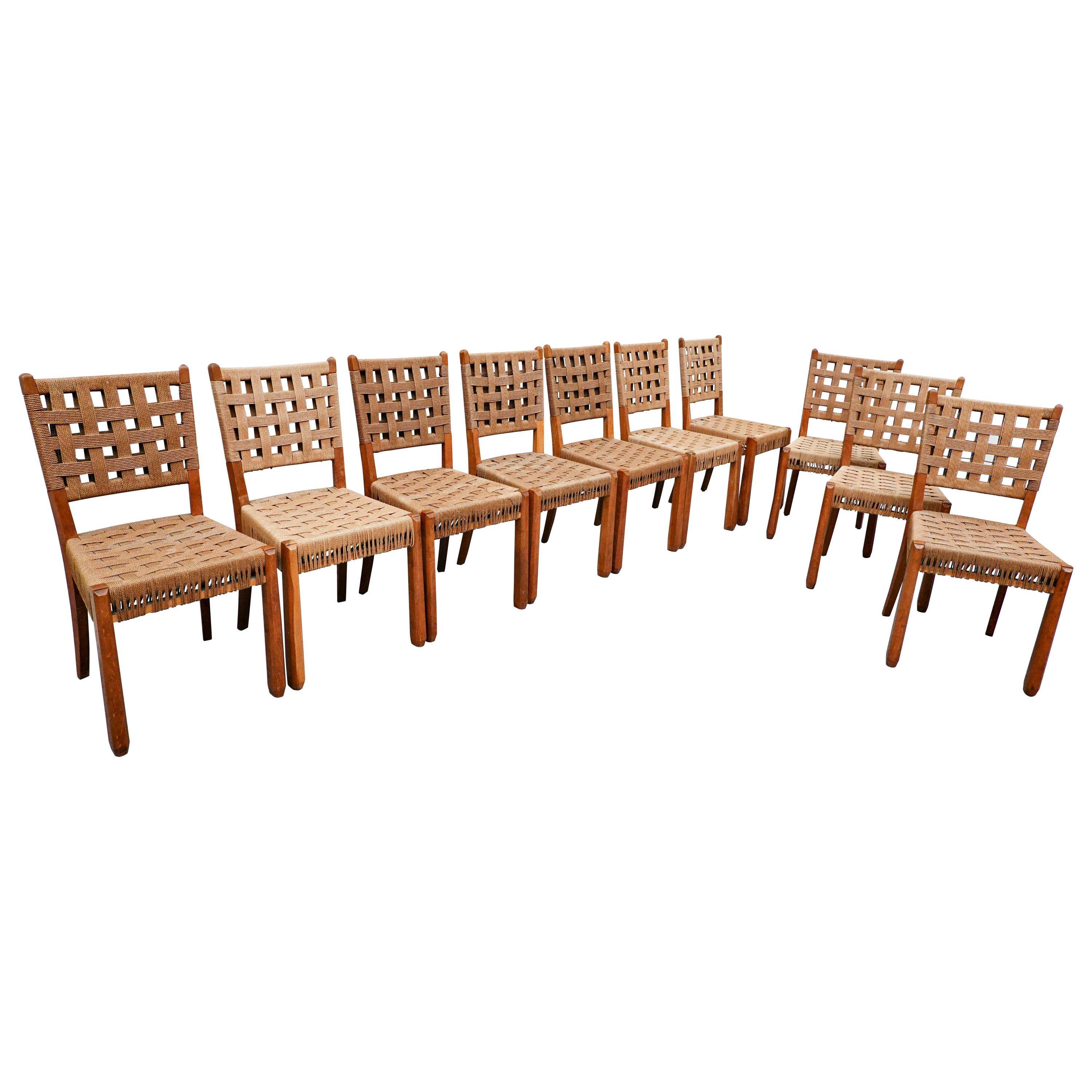 Set of 10 Mid-Century Modern Oak and Rope Chairs, 1940s