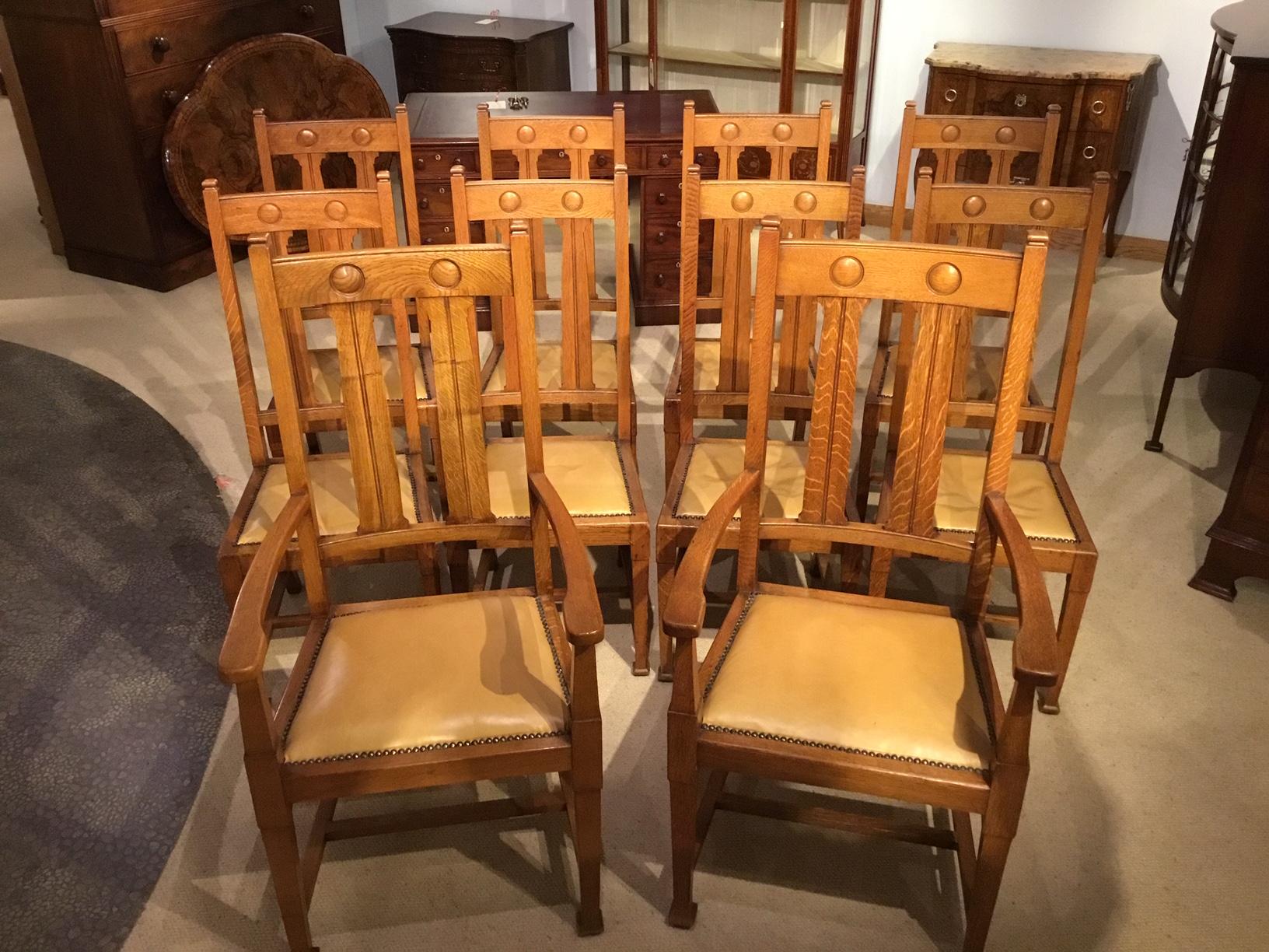 Set of 10 Oak Arts & Crafts Period Dining Chairs by Shapland & Petter 6