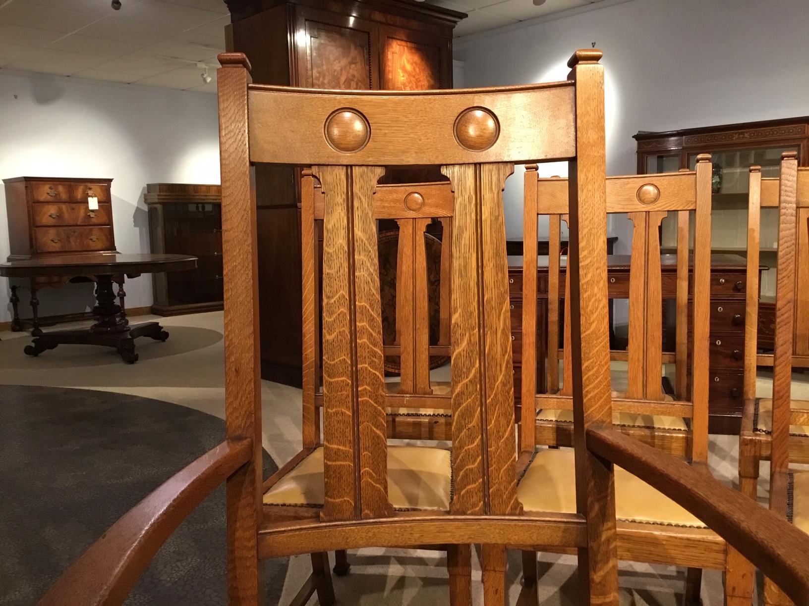 Set of 10 Oak Arts & Crafts Period Dining Chairs by Shapland & Petter 10